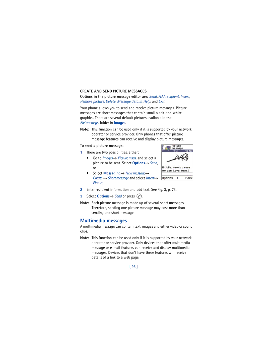 Nokia 3650 manual Multimedia messages, Create and Send Picture Messages, Picture msgs. folder in Images 