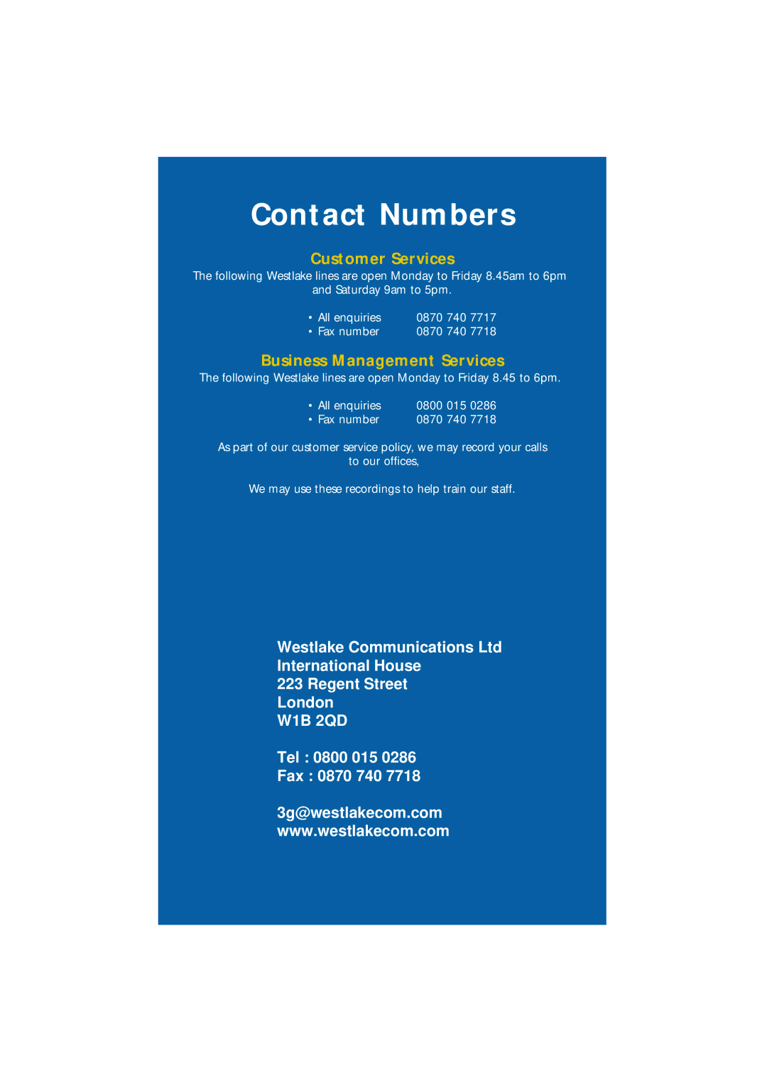 Nokia 3G 0800 015 0286 manual Contact Numbers, W1B 2QD 