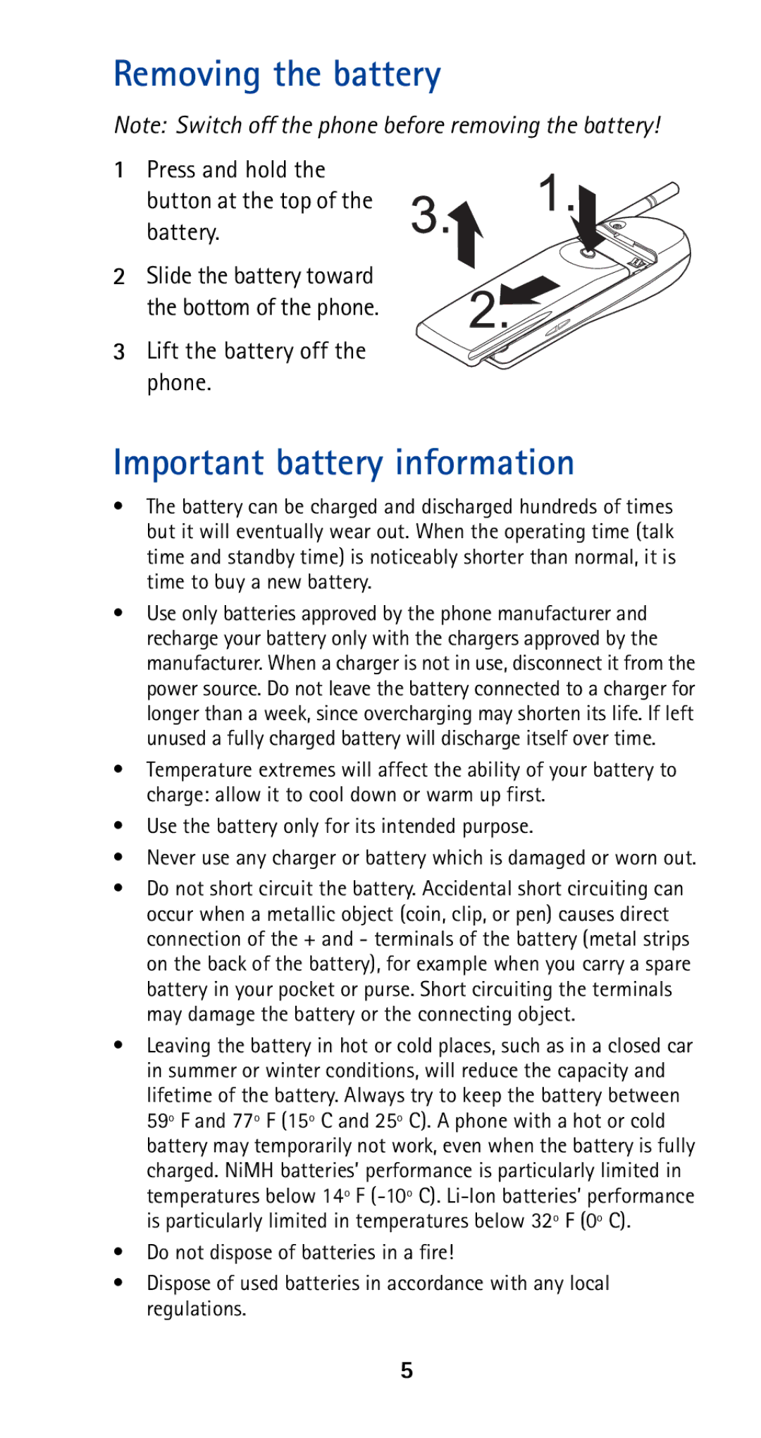 Nokia 5120i Removing the battery, Important battery information, Press and hold Button at the top of the battery 