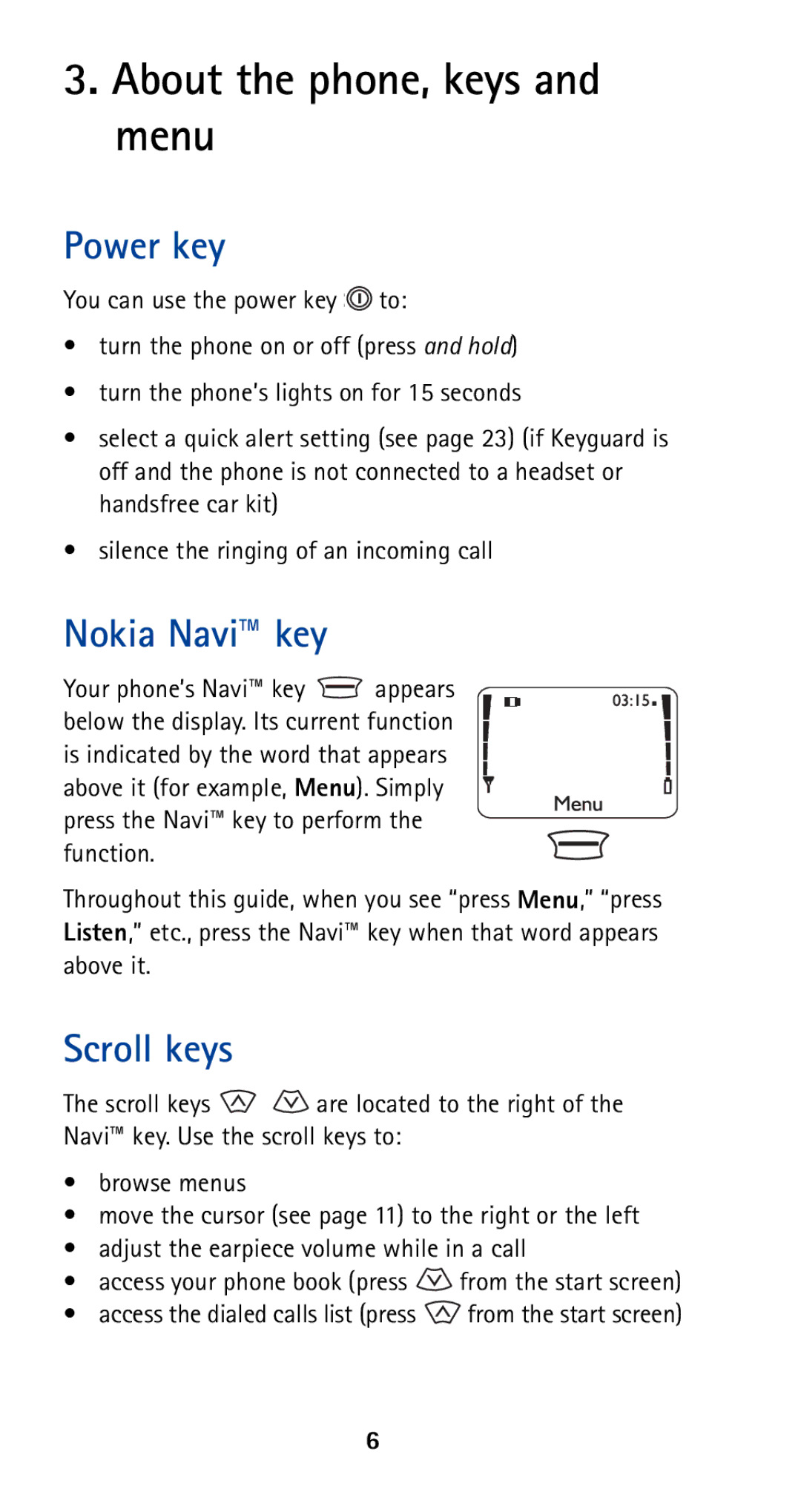 Nokia 5120i owner manual About the phone, keys and menu, Power key, Nokia Navi key, Scroll keys 