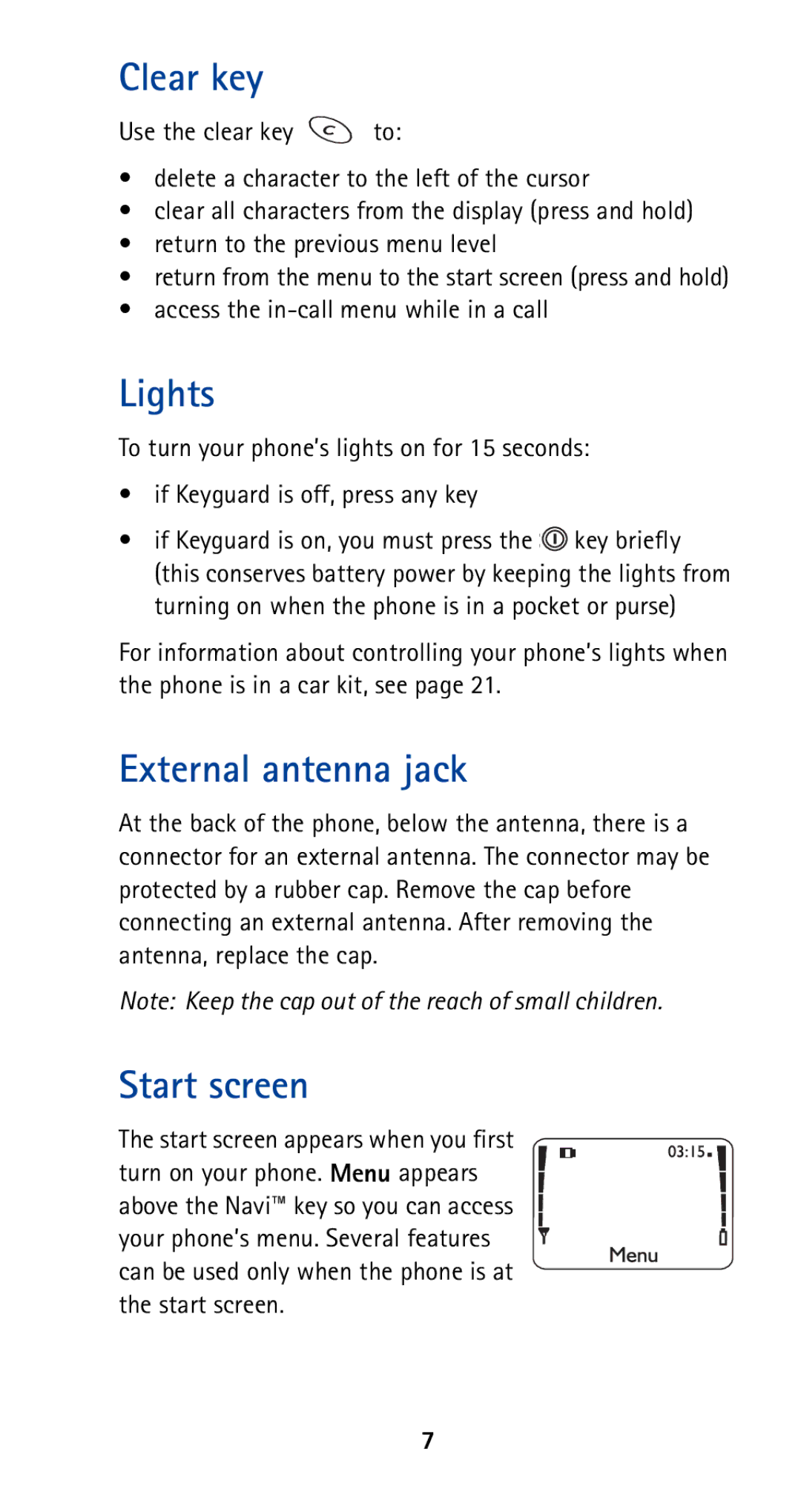 Nokia 5120i owner manual Clear key, Lights, External antenna jack, Start screen, Access the in-call menu while in a call 