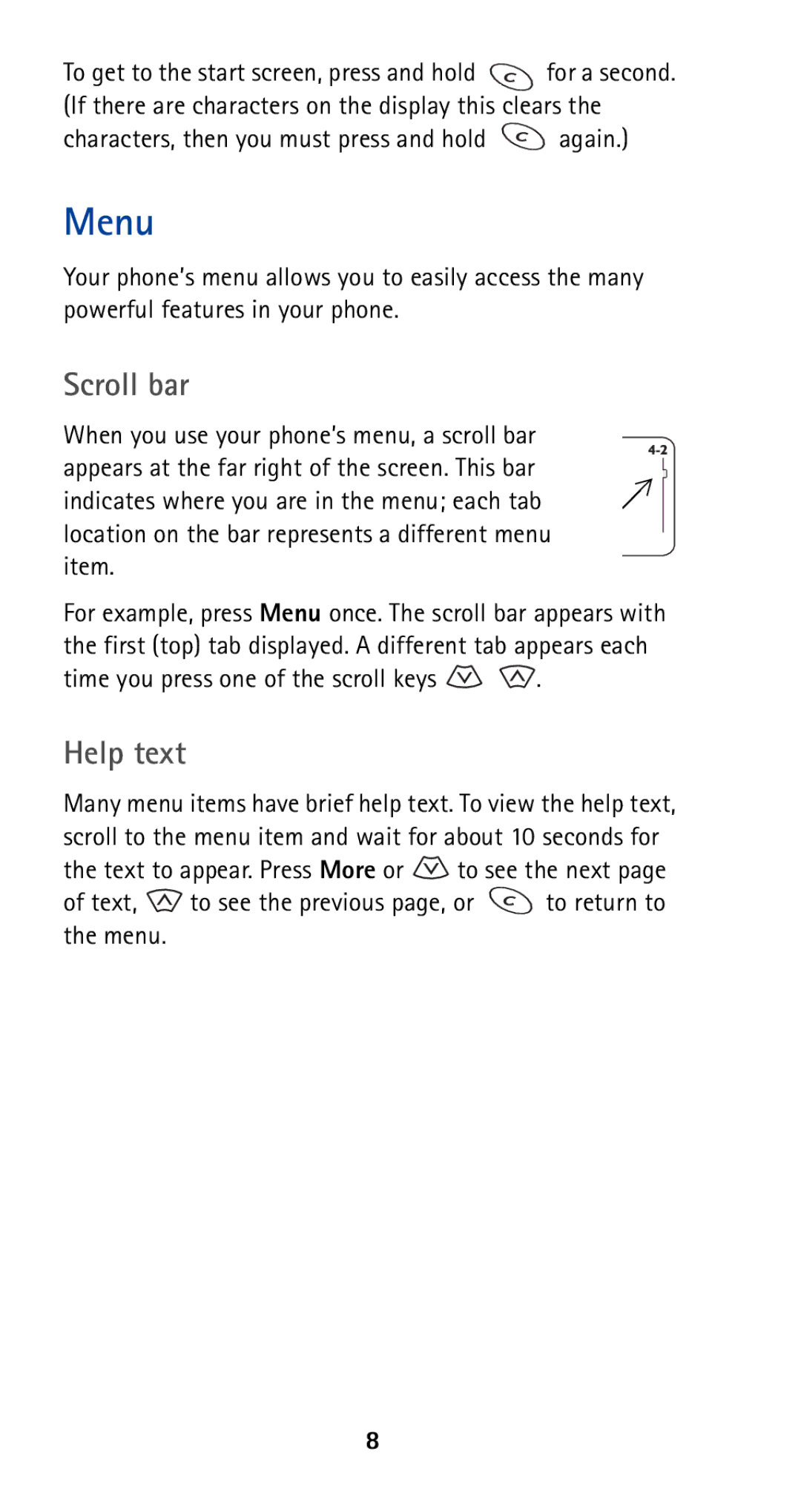 Nokia 5120i owner manual Menu, Scroll bar, Help text, Characters, then you must press and hold again 