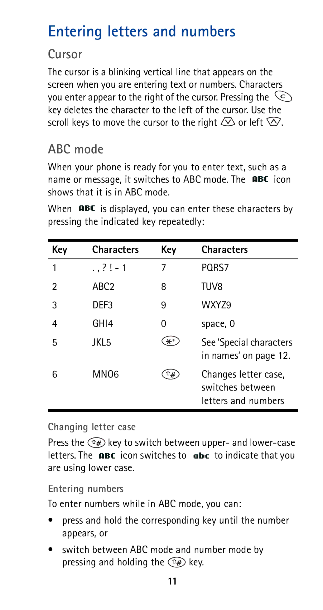 Nokia 5120i owner manual Entering letters and numbers, Cursor, ABC mode 