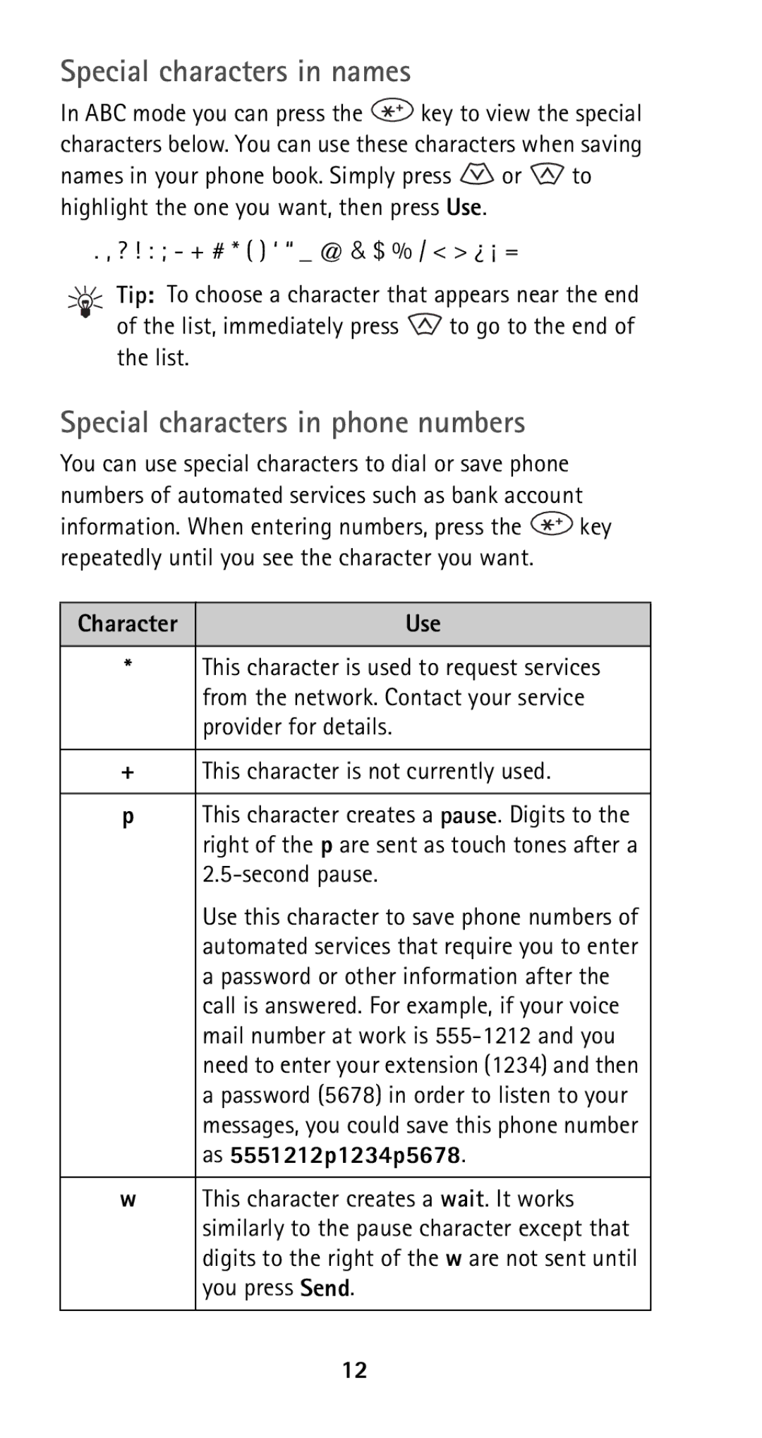 Nokia 5120i owner manual Special characters in names, Special characters in phone numbers 