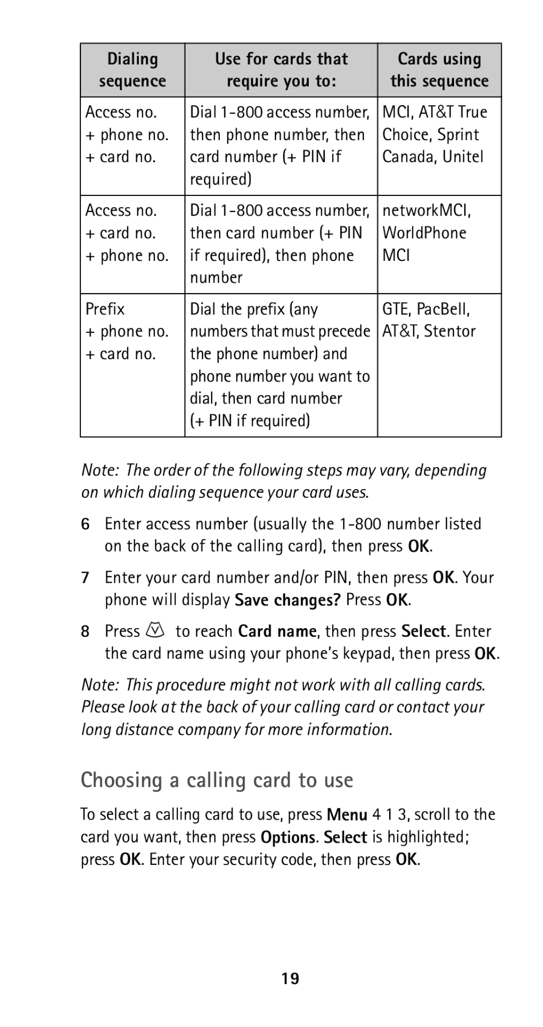 Nokia 5120i owner manual Choosing a calling card to use 