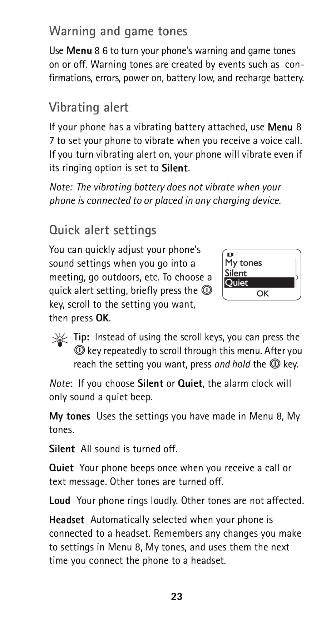 Nokia 5120i owner manual Vibrating alert, Quick alert settings 