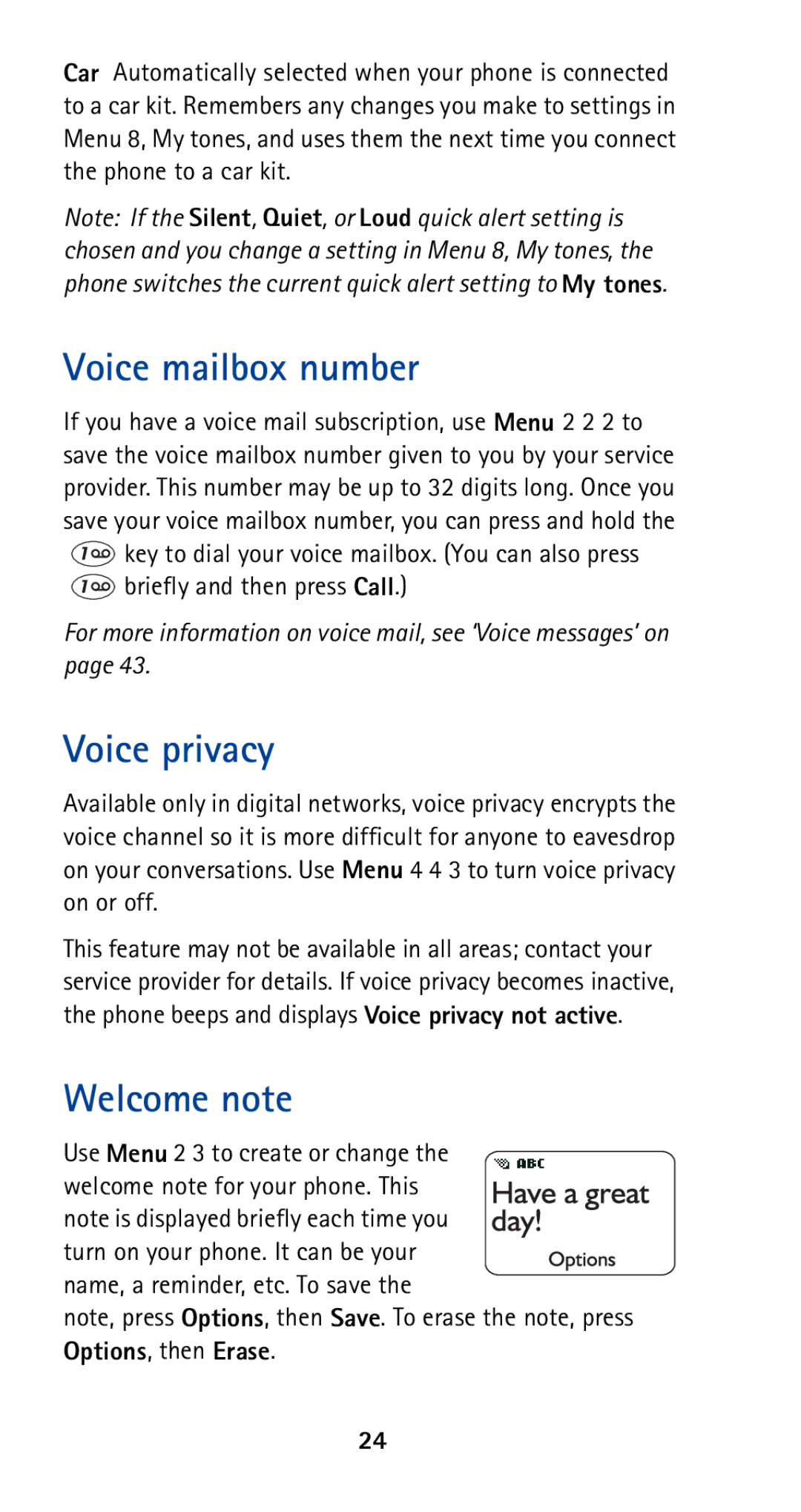 Nokia 5120i owner manual Voice mailbox number, Voice privacy, Welcome note, Use Menu 2 3 to create or change 