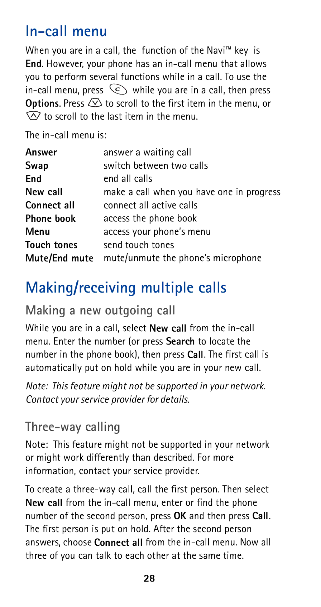 Nokia 5120i owner manual In-call menu, Making/receiving multiple calls, Making a new outgoing call, Three-way calling 