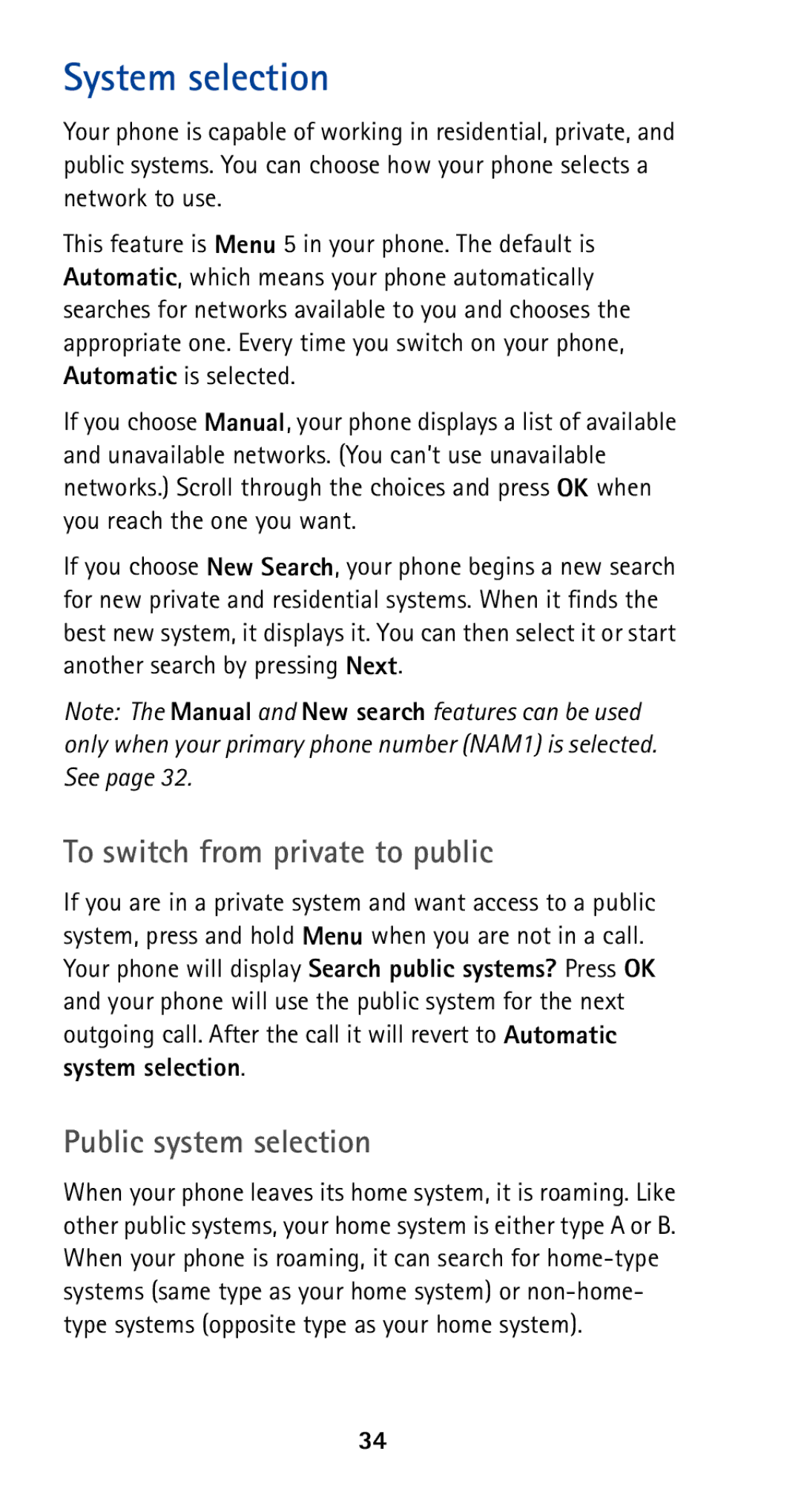 Nokia 5120i owner manual System selection, To switch from private to public, Public system selection 