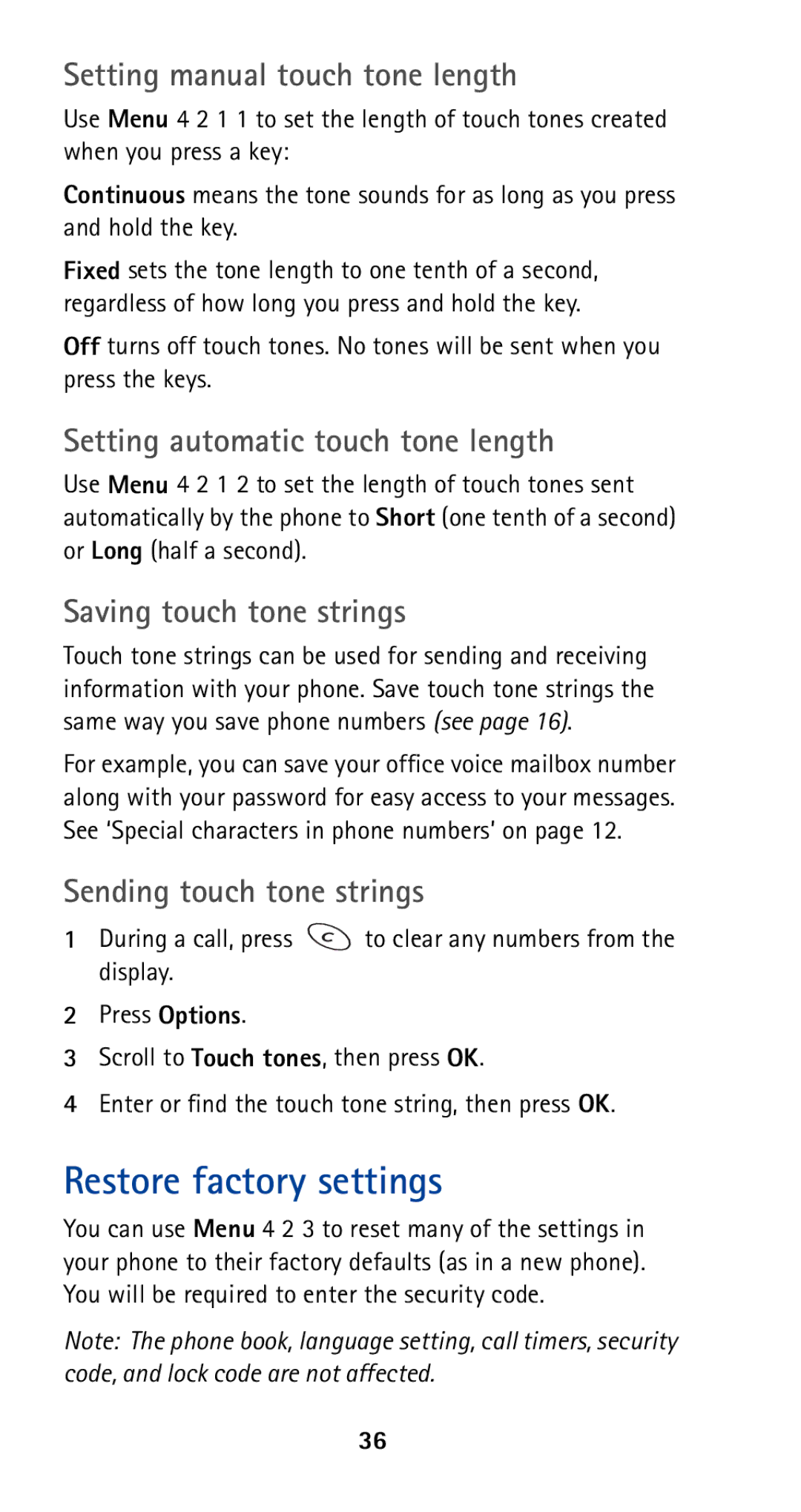 Nokia 5120i owner manual Restore factory settings, Setting manual touch tone length, Setting automatic touch tone length 