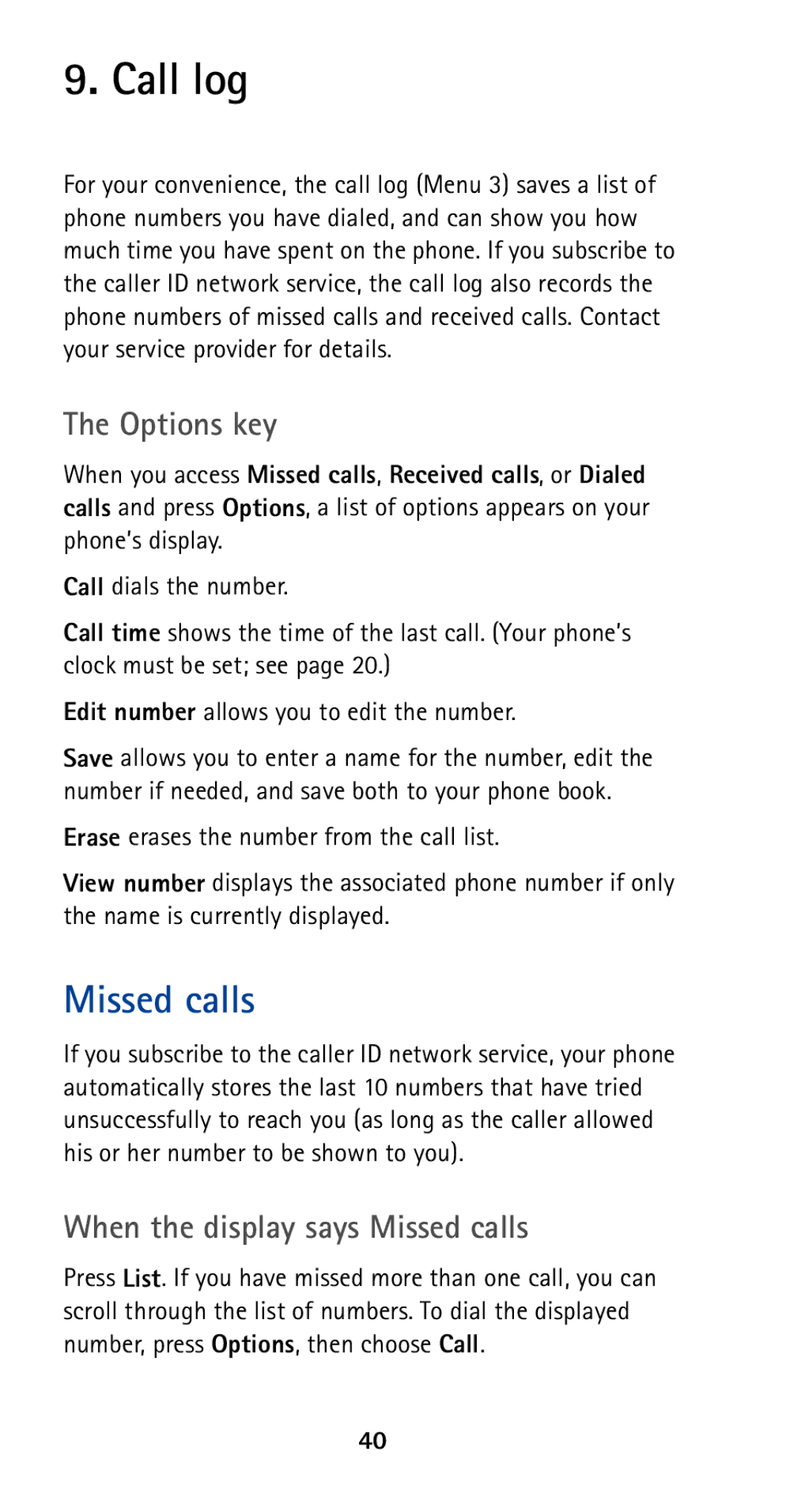 Nokia 5120i owner manual Call log, Options key, When the display says Missed calls 