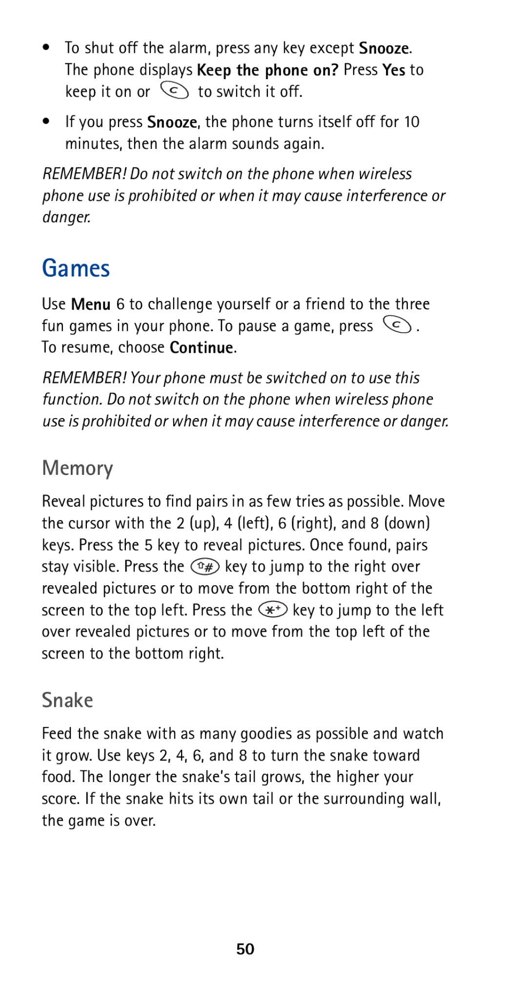 Nokia 5120i owner manual Games, Memory, Snake 
