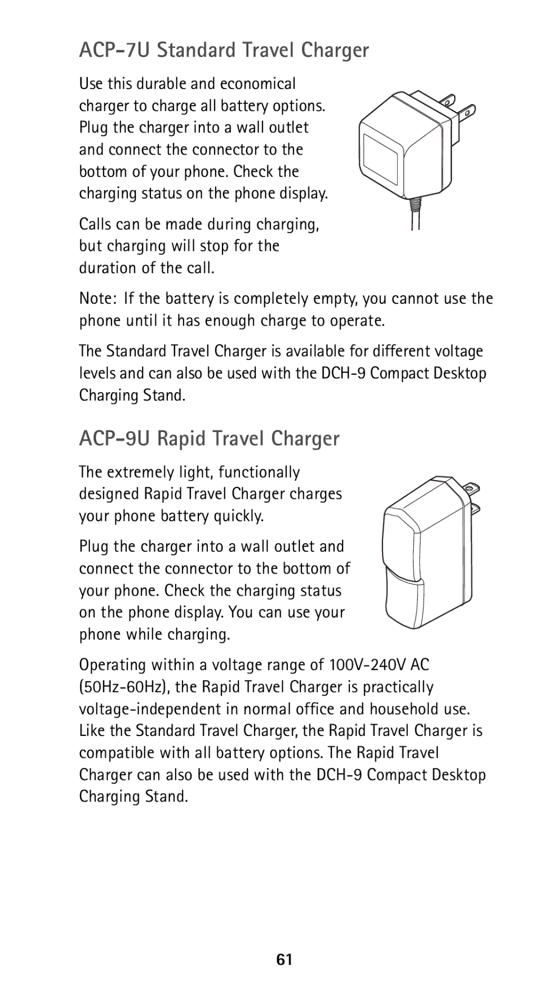 Nokia 5120i owner manual ACP-7U Standard Travel Charger, ACP-9U Rapid Travel Charger 