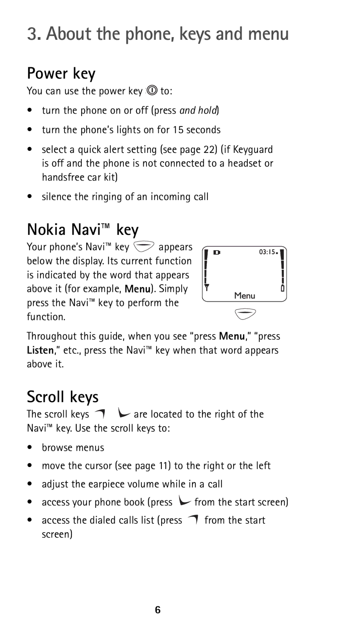 Nokia 5125 manual Power key, Nokia Navi key, Scroll keys 