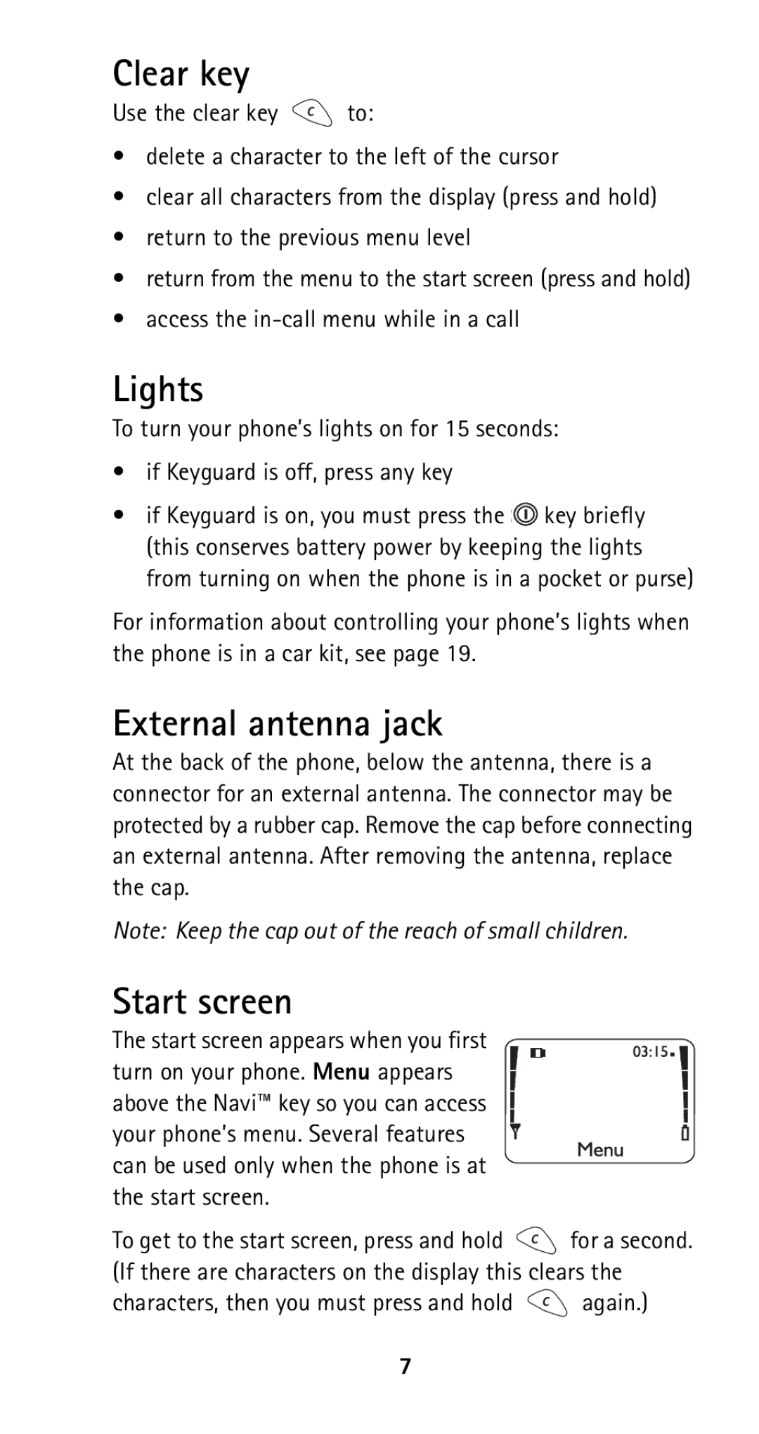 Nokia 5125 manual Clear key, Lights, External antenna jack, Start screen 