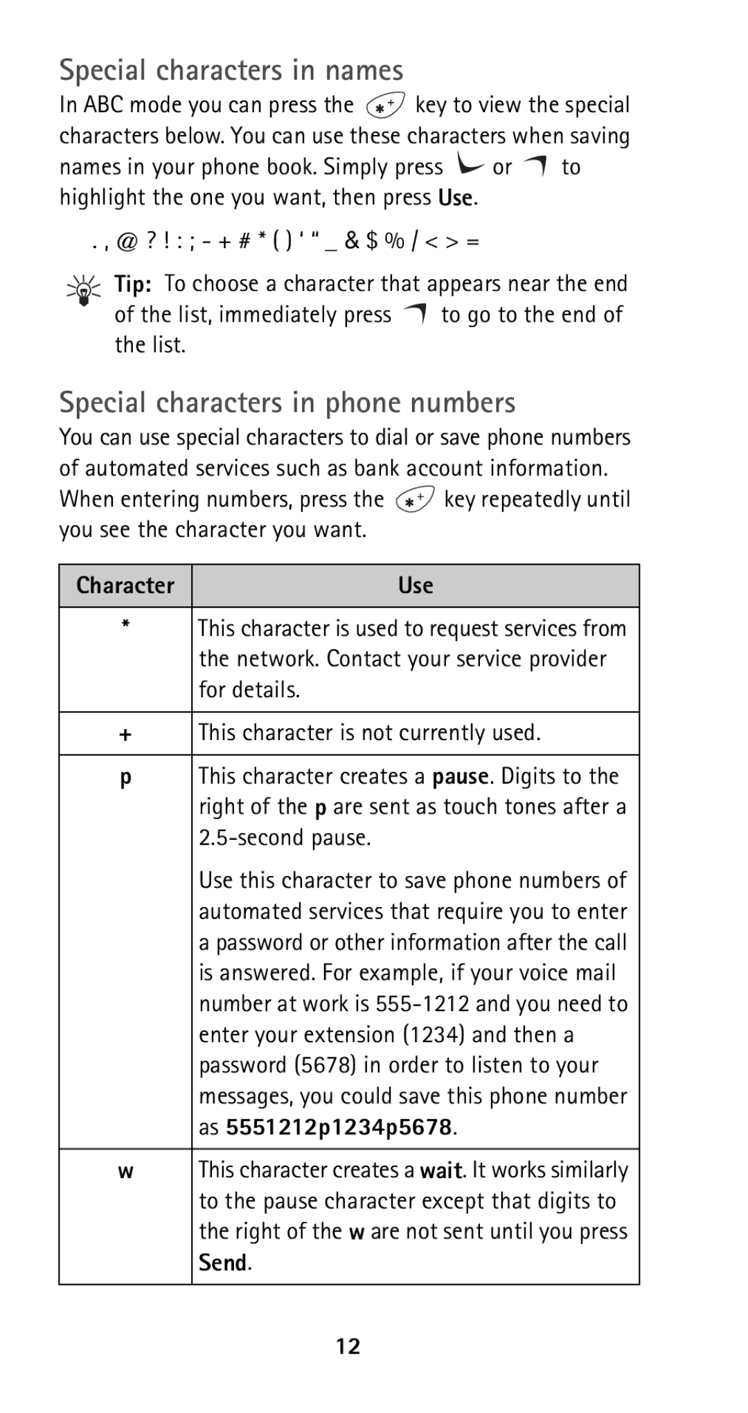 Nokia 5125 manual Special characters in names, Special characters in phone numbers 