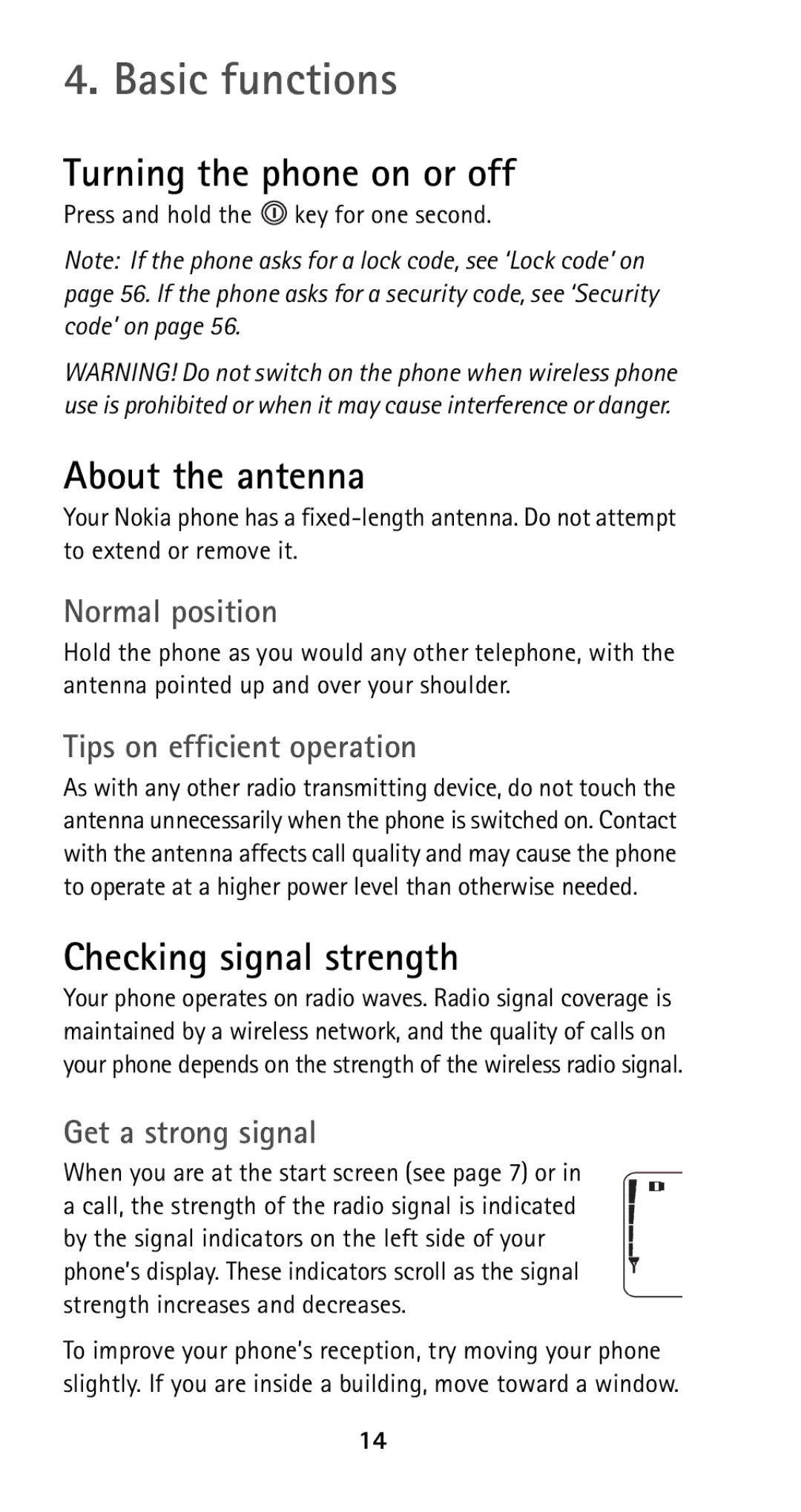 Nokia 5125 manual Basic functions, Turning the phone on or off, About the antenna, Checking signal strength 