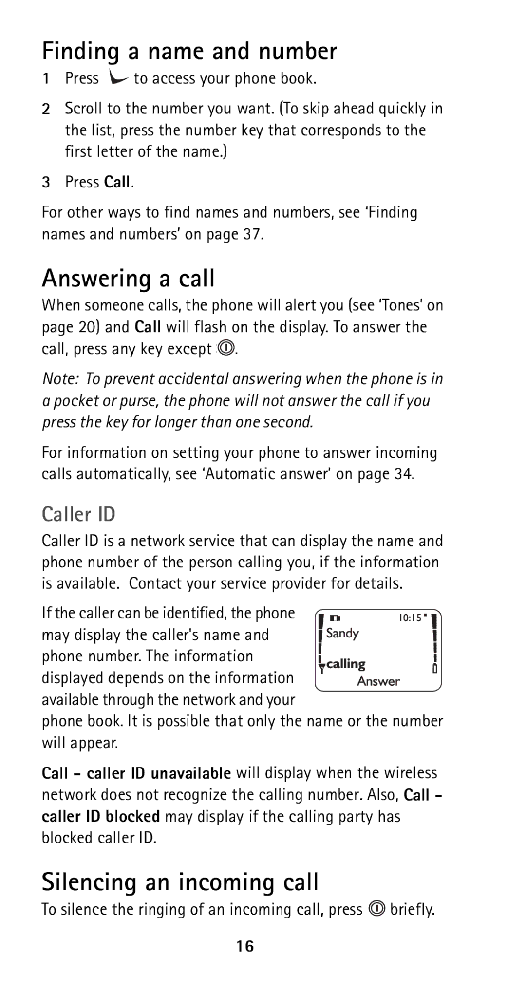 Nokia 5125 manual Finding a name and number, Answering a call, Silencing an incoming call, Caller ID 