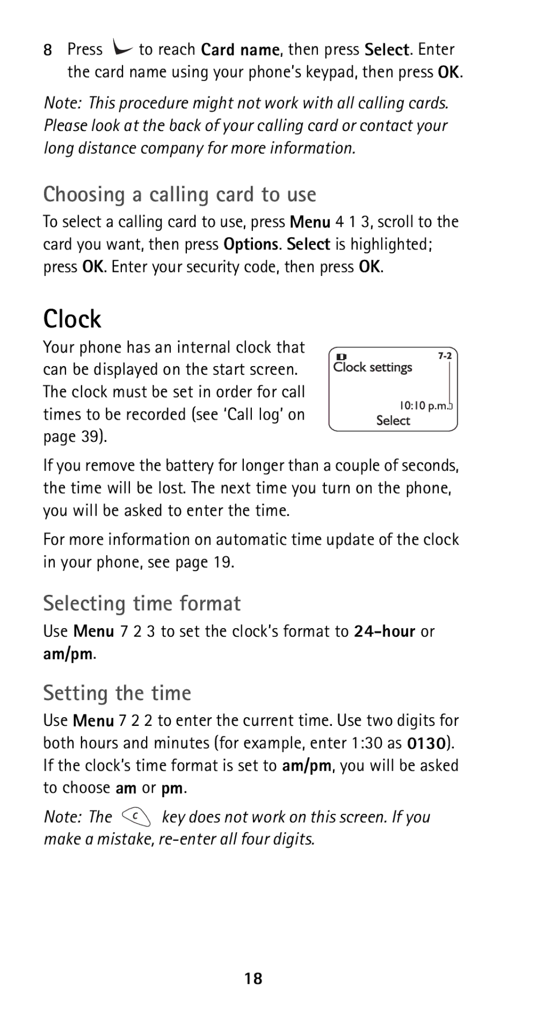 Nokia 5125 manual Clock, Choosing a calling card to use, Selecting time format, Setting the time 