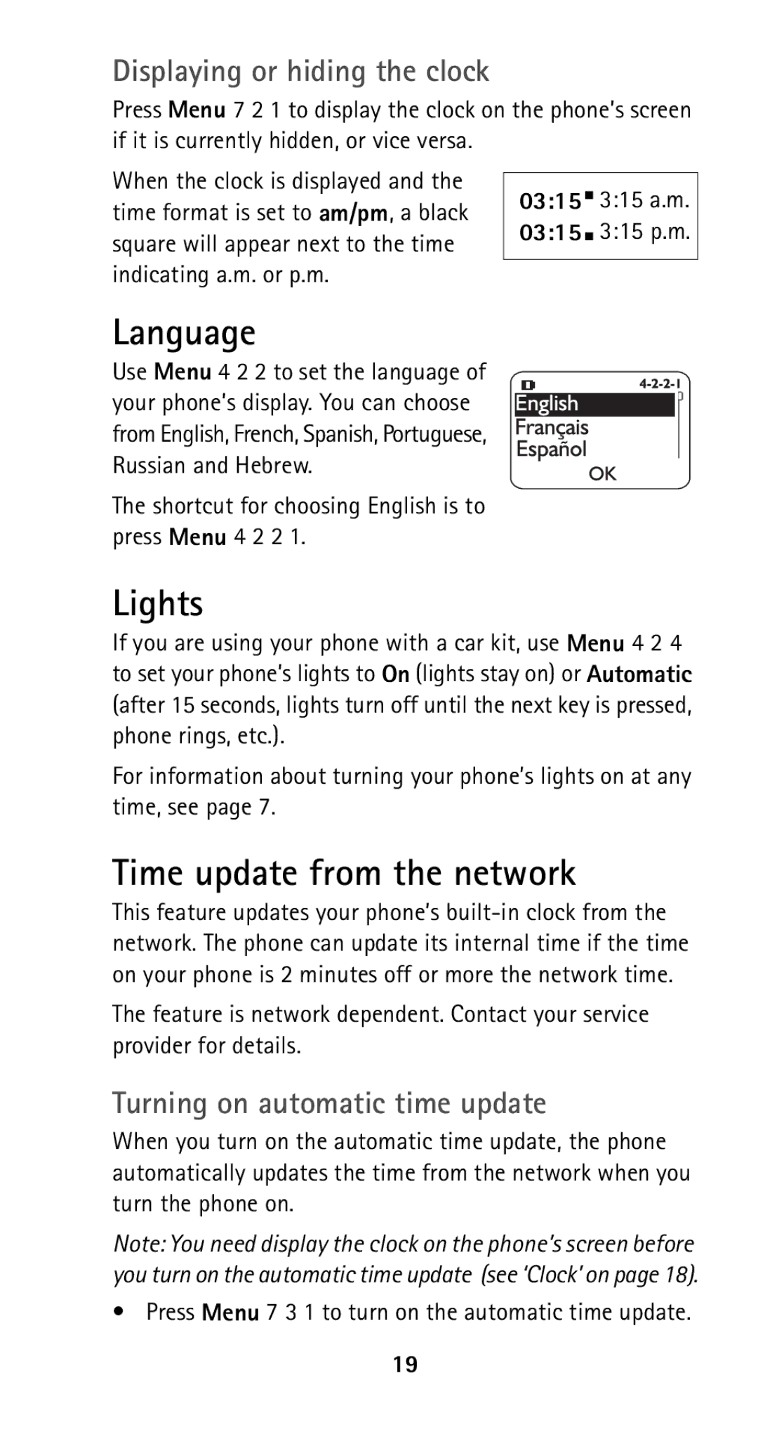 Nokia 5125 manual Language, Time update from the network, Displaying or hiding the clock, Turning on automatic time update 