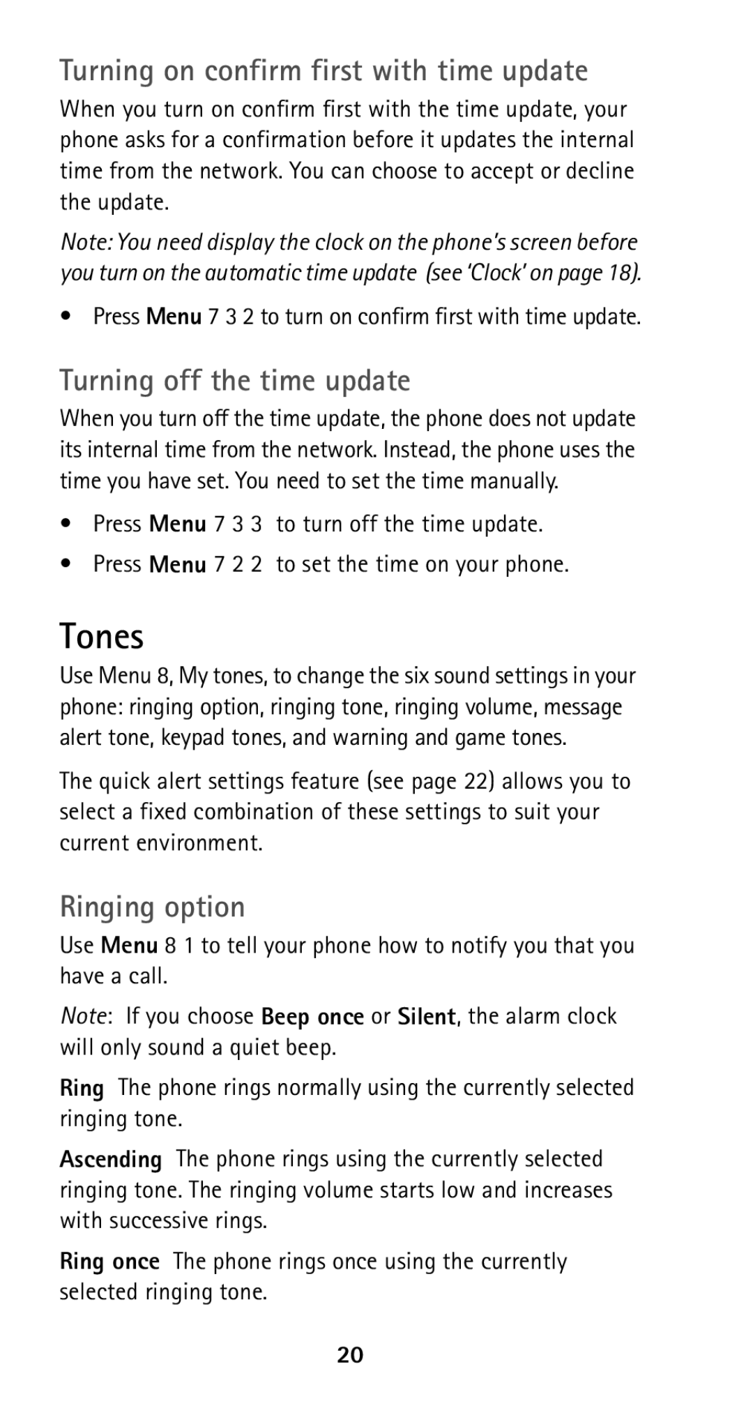 Nokia 5125 manual Tones, Turning on confirm first with time update, Turning off the time update, Ringing option 