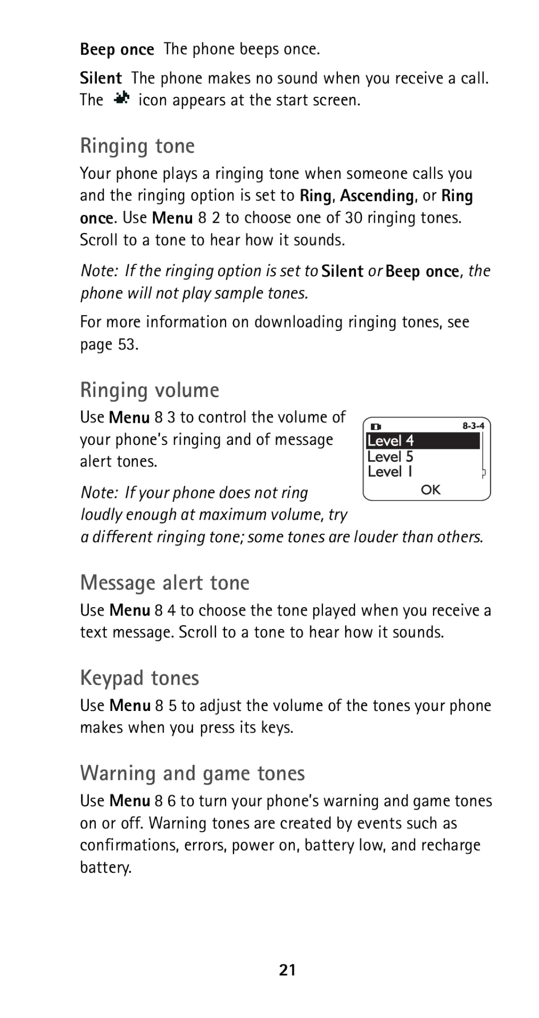 Nokia 5125 manual Ringing tone, Ringing volume, Message alert tone, Keypad tones 