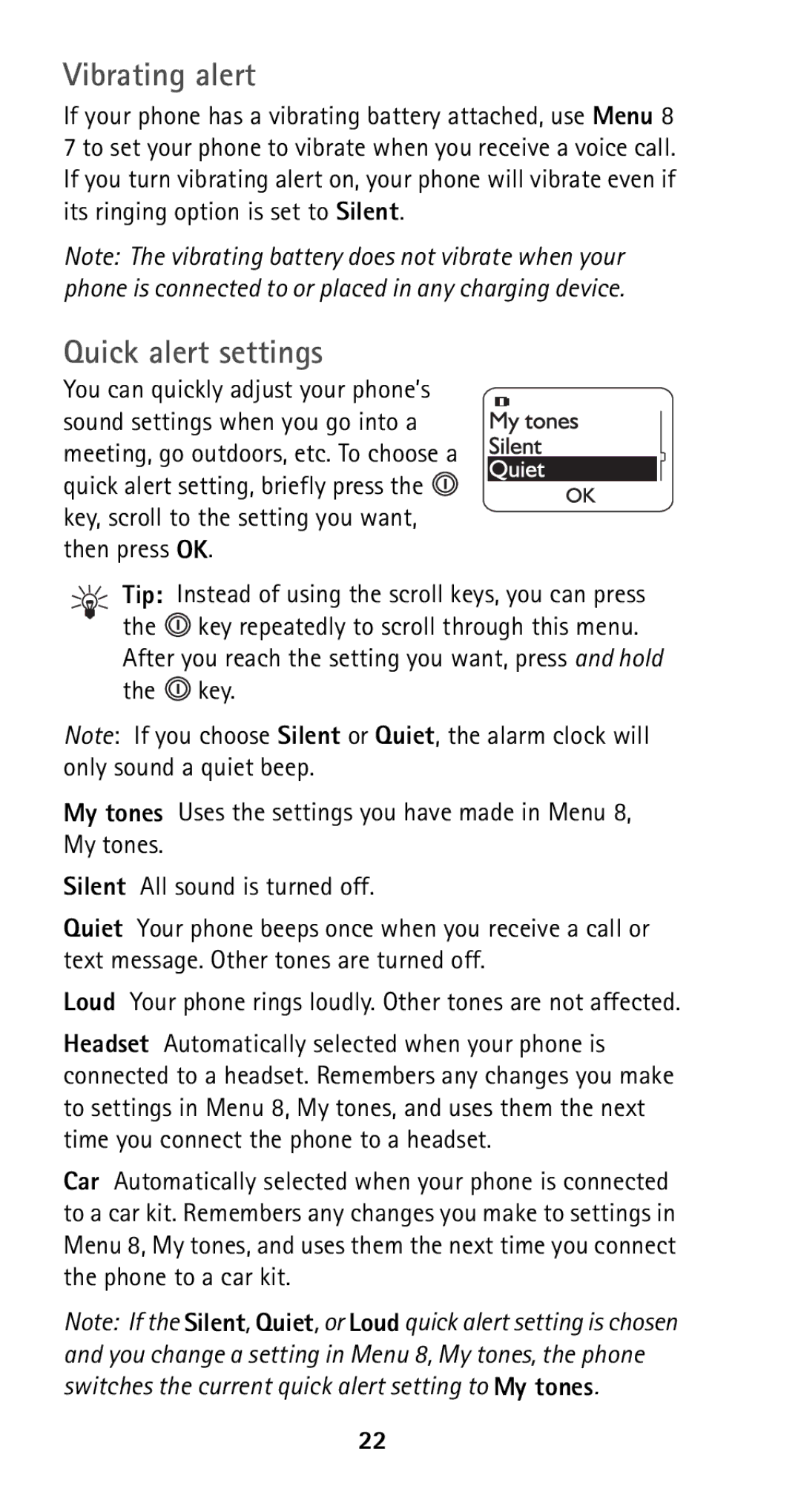 Nokia 5125 manual Vibrating alert, Quick alert settings 