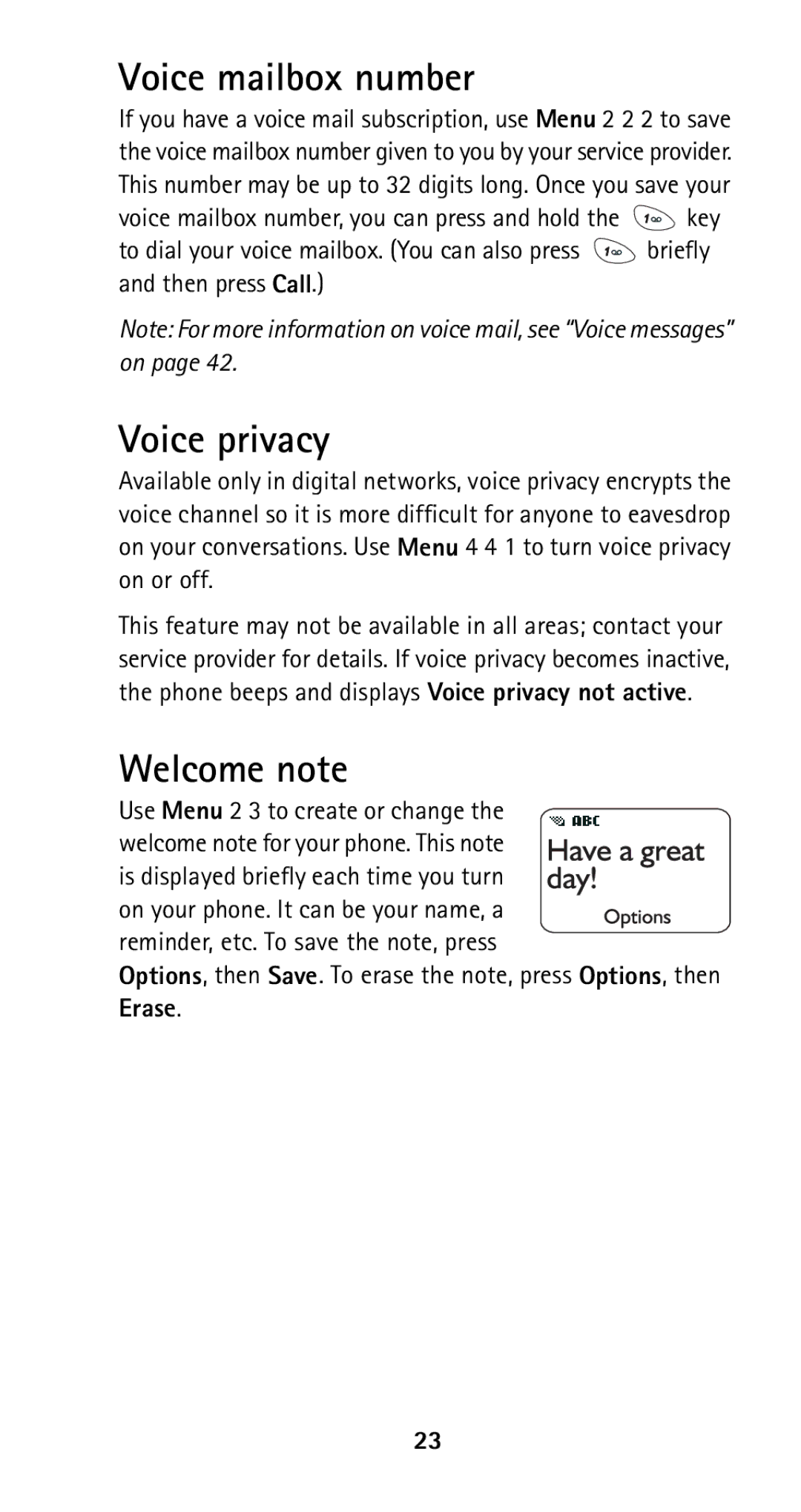 Nokia 5125 manual Voice mailbox number, Voice privacy, Welcome note 