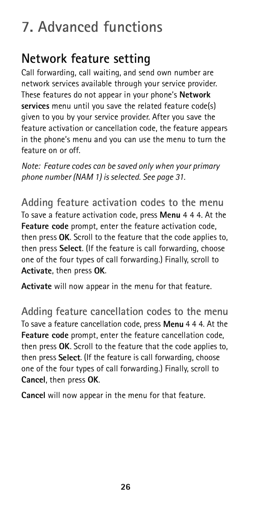 Nokia 5125 manual Advanced functions, Network feature setting, Adding feature activation codes to the menu 