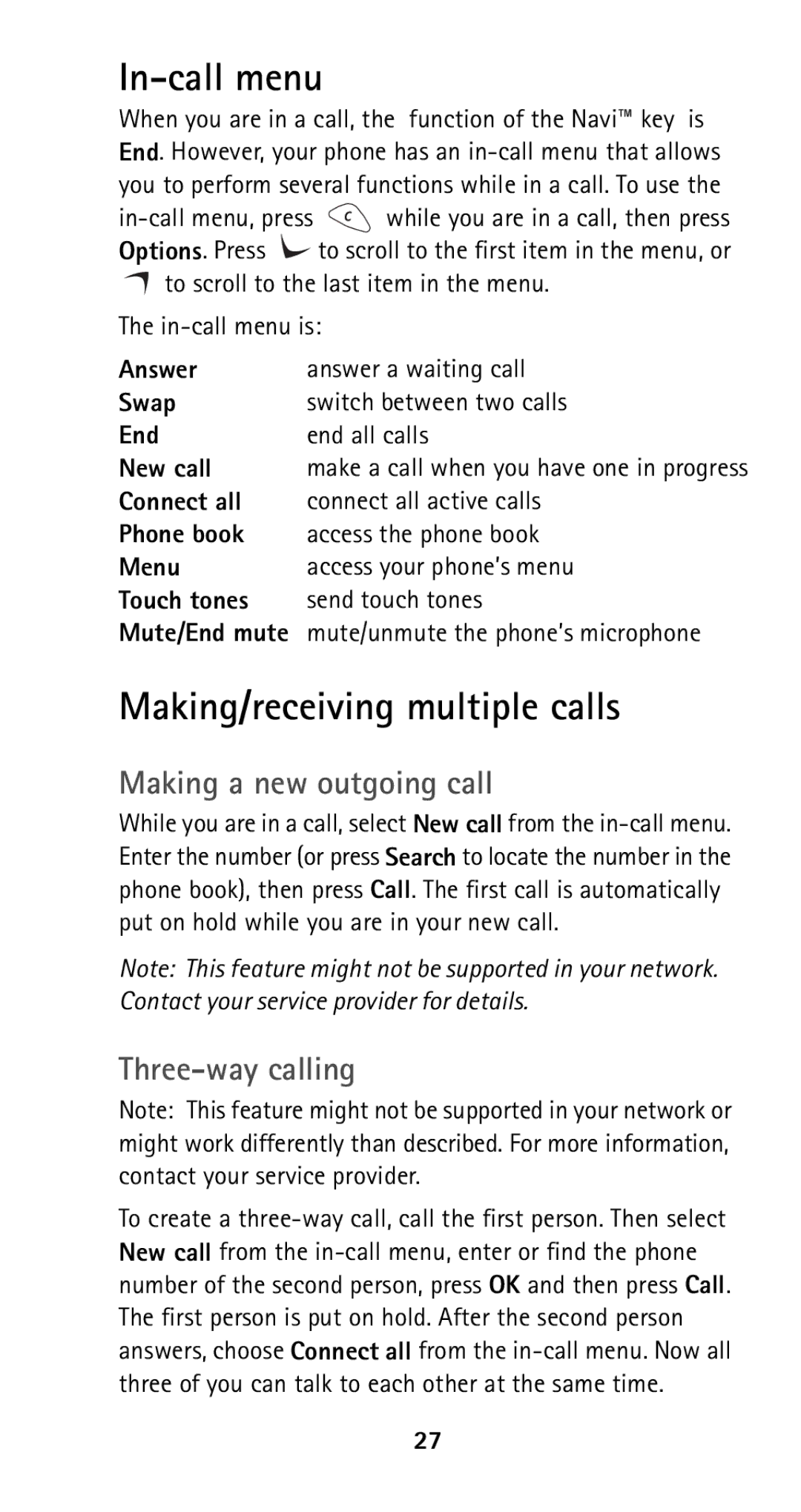 Nokia 5125 manual In-call menu, Making/receiving multiple calls, Making a new outgoing call, Three-way calling 