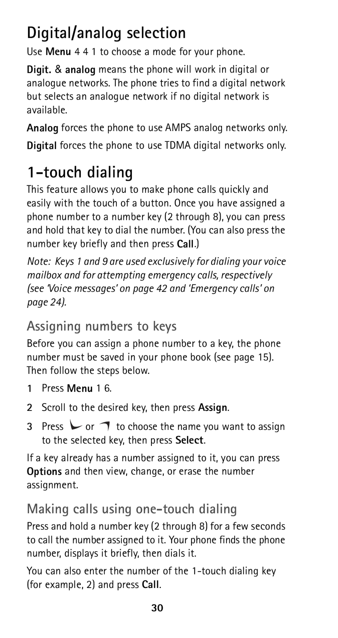 Nokia 5125 manual Digital/analog selection, Touch dialing, Assigning numbers to keys, Making calls using one-touch dialing 