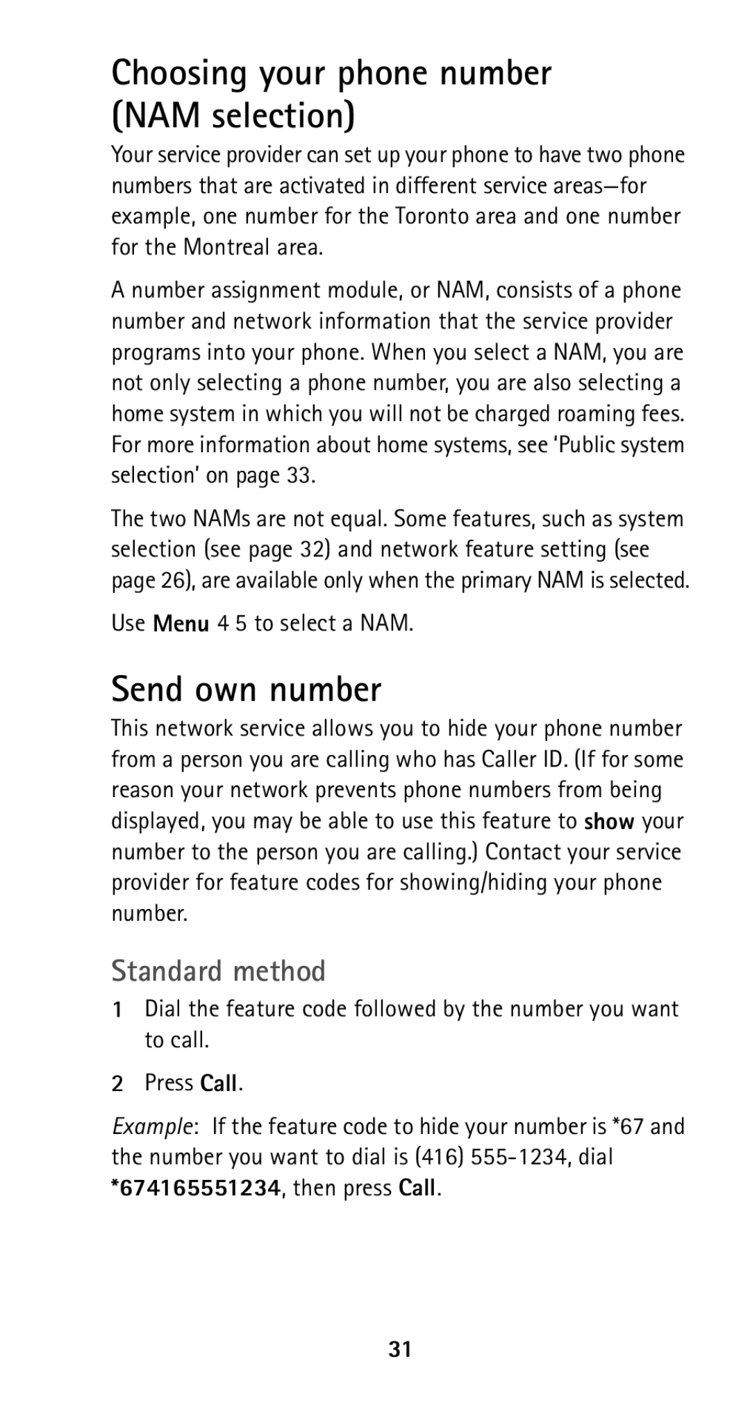 Nokia 5125 manual Choosing your phone number NAM selection, Send own number, Standard method, Use Menu 4 5 to select a NAM 