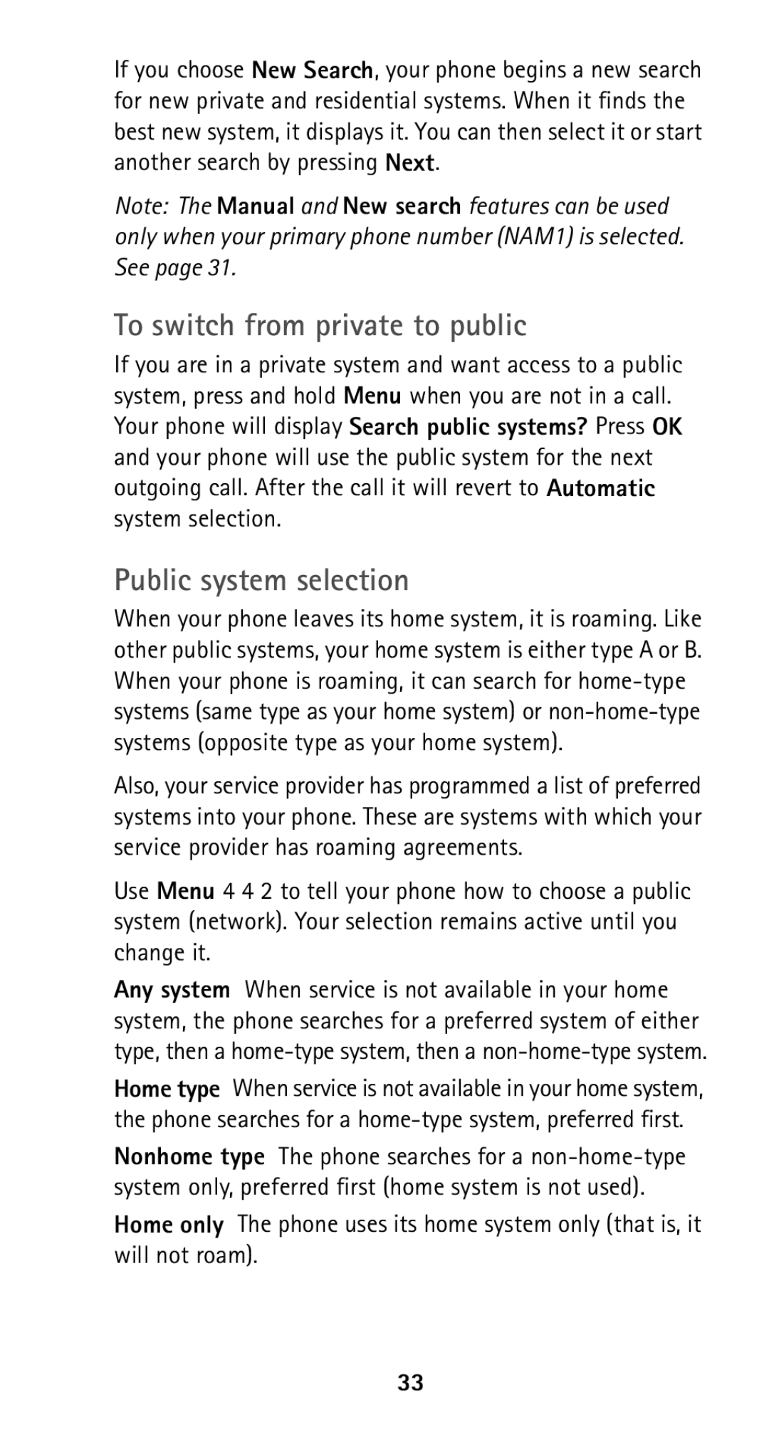 Nokia 5125 manual To switch from private to public, Public system selection 