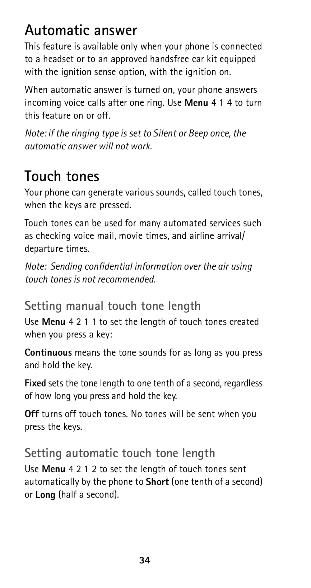 Nokia 5125 Automatic answer, Touch tones, Setting manual touch tone length, Setting automatic touch tone length 