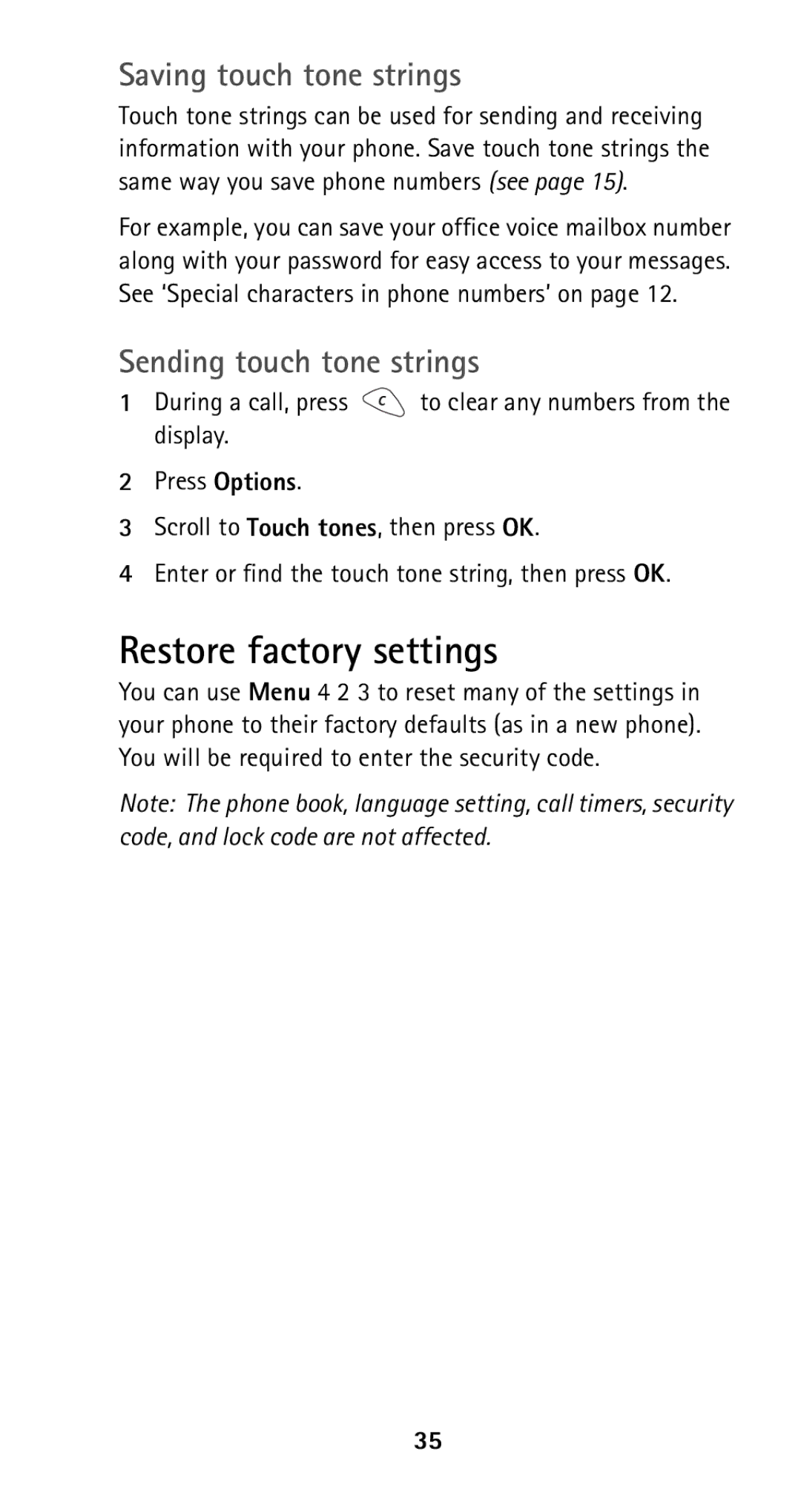 Nokia 5125 manual Restore factory settings, Saving touch tone strings, Sending touch tone strings 