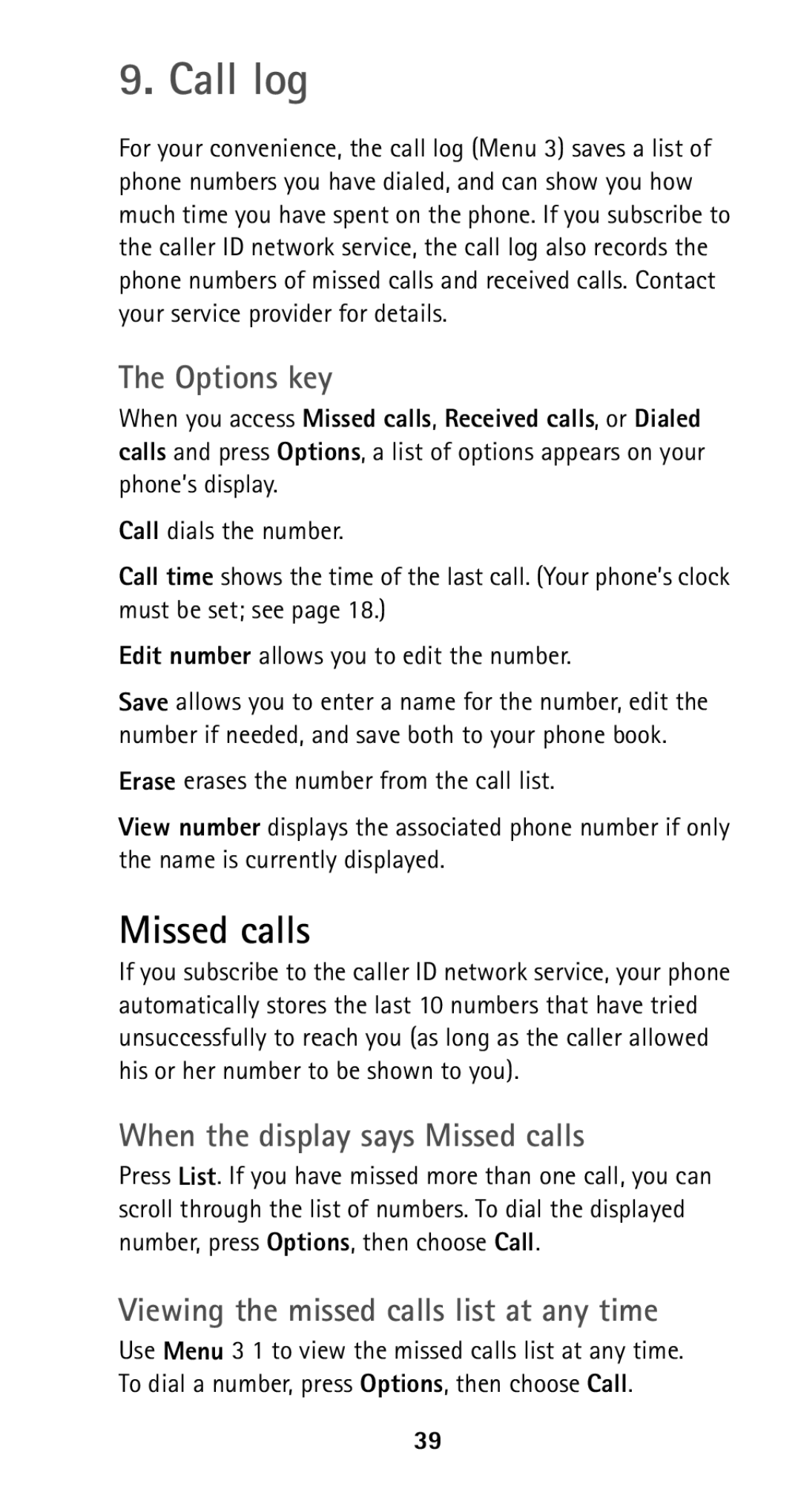 Nokia 5125 manual Call log, Options key, When the display says Missed calls, Viewing the missed calls list at any time 