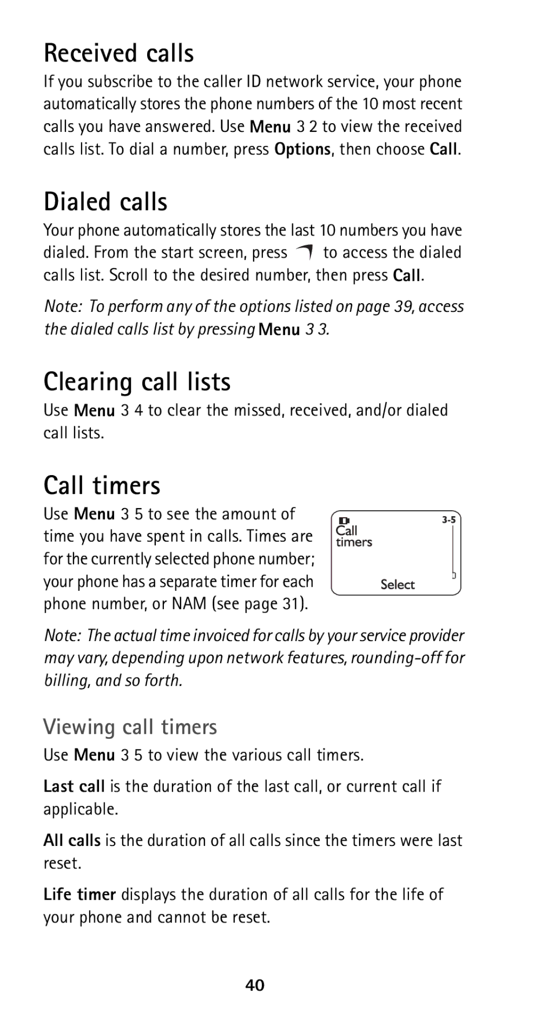 Nokia 5125 manual Received calls, Dialed calls, Clearing call lists, Call timers, Viewing call timers 