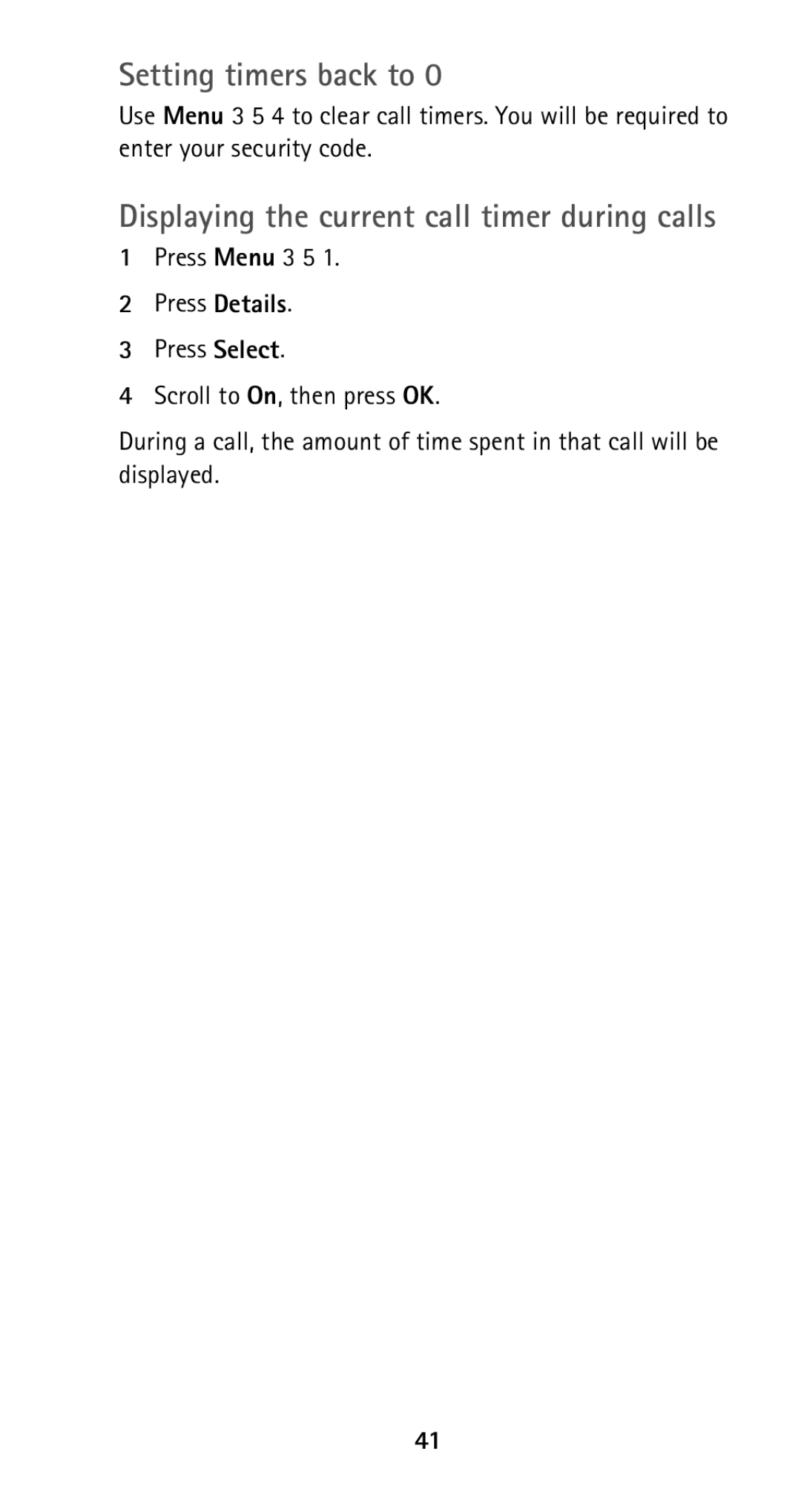 Nokia 5125 manual Setting timers back to, Displaying the current call timer during calls 