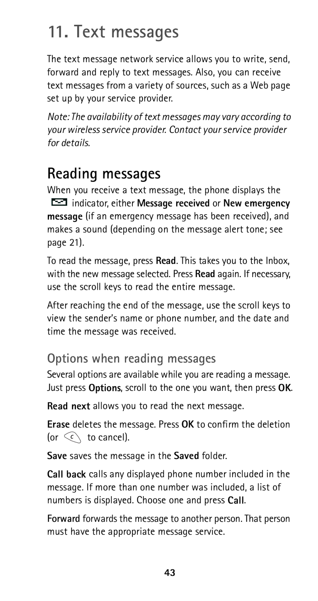 Nokia 5125 Text messages, Reading messages, Options when reading messages, Read next allows you to read the next message 