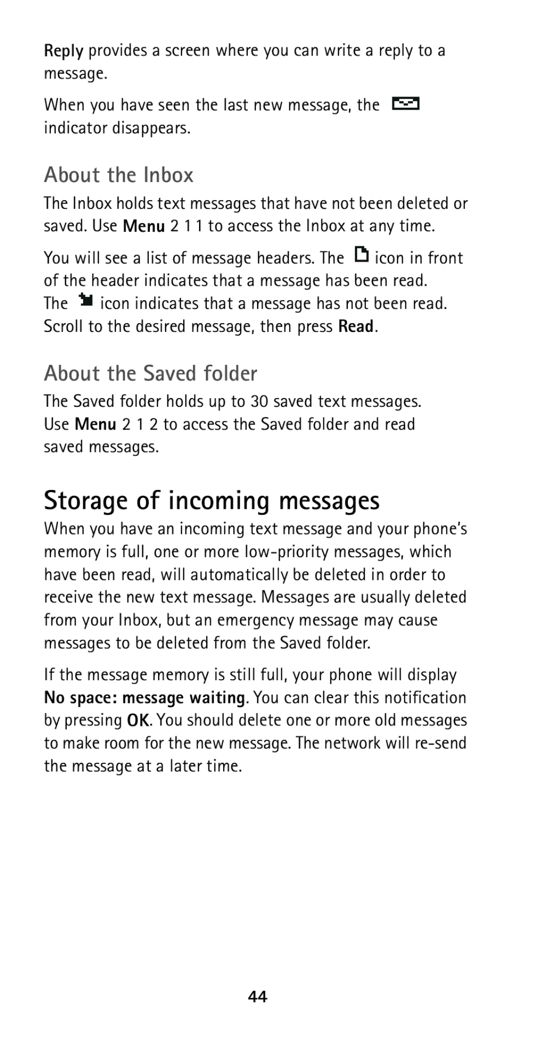 Nokia 5125 manual Storage of incoming messages, About the Inbox, About the Saved folder 