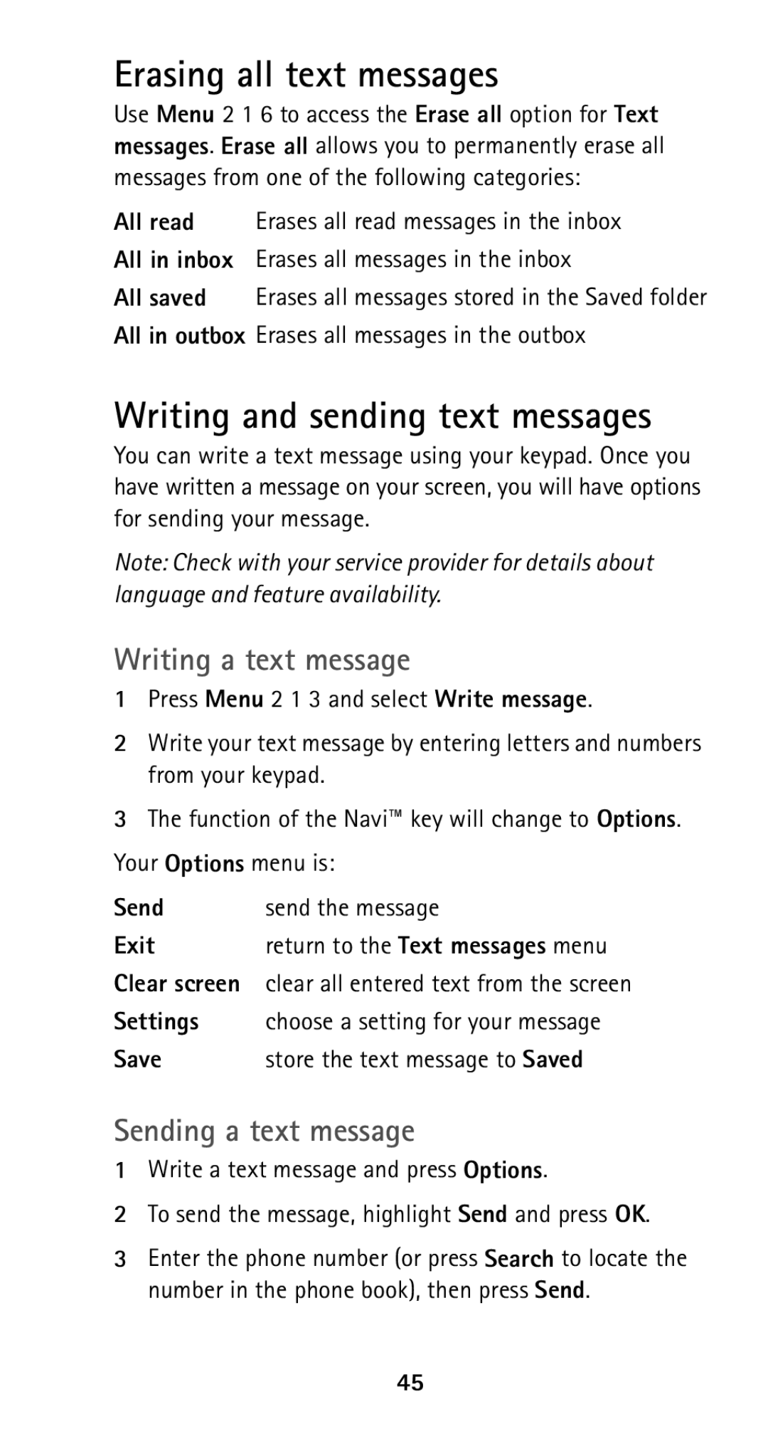 Nokia 5125 Erasing all text messages, Writing and sending text messages, Writing a text message, Sending a text message 