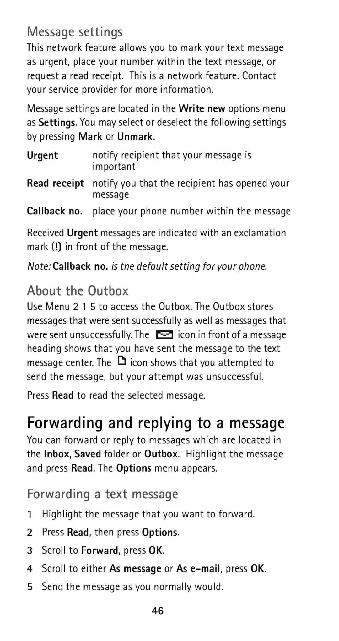 Nokia 5125 manual Forwarding and replying to a message, Message settings, About the Outbox, Forwarding a text message 