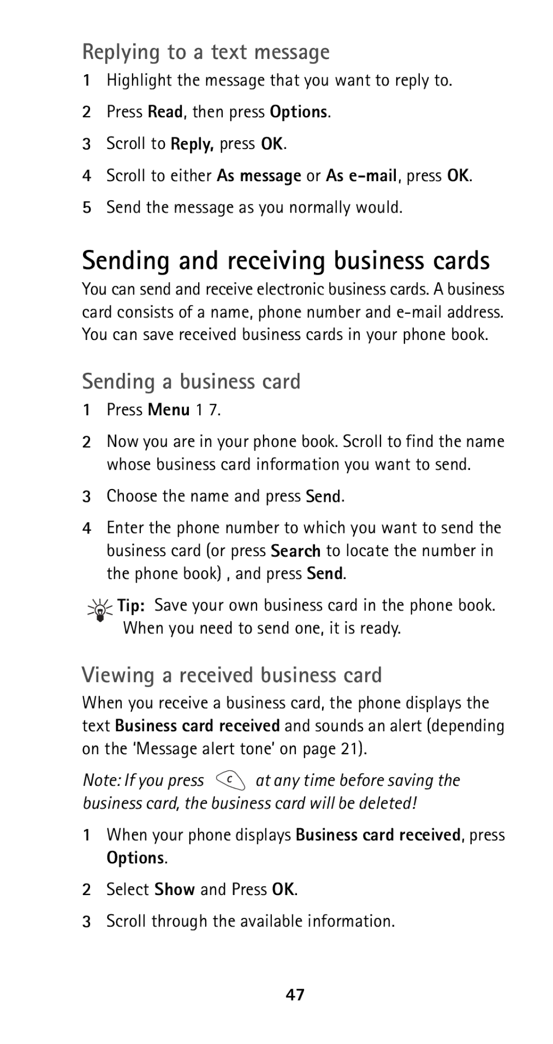 Nokia 5125 manual Replying to a text message, Sending a business card, Viewing a received business card 