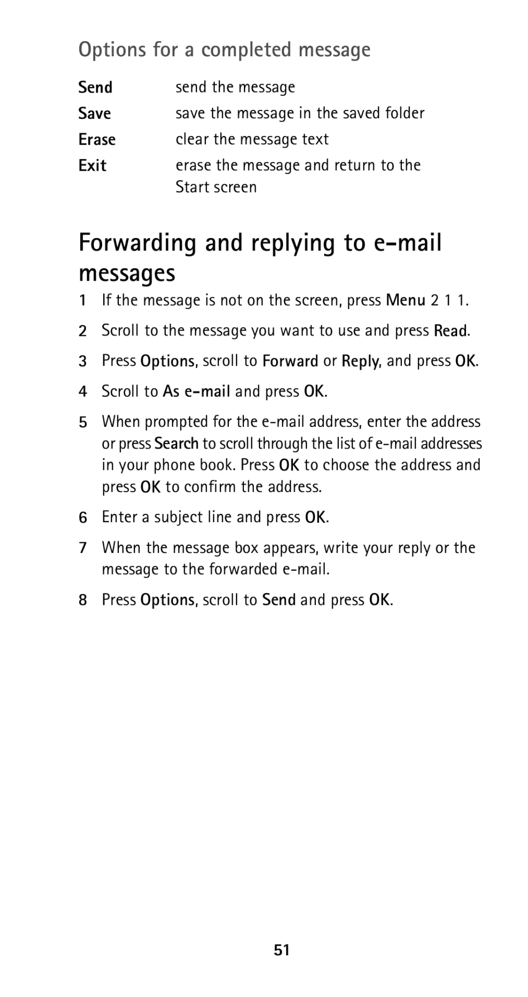 Nokia 5125 Forwarding and replying to e-mail messages, Options for a completed message, Scroll to As e-mailand press OK 