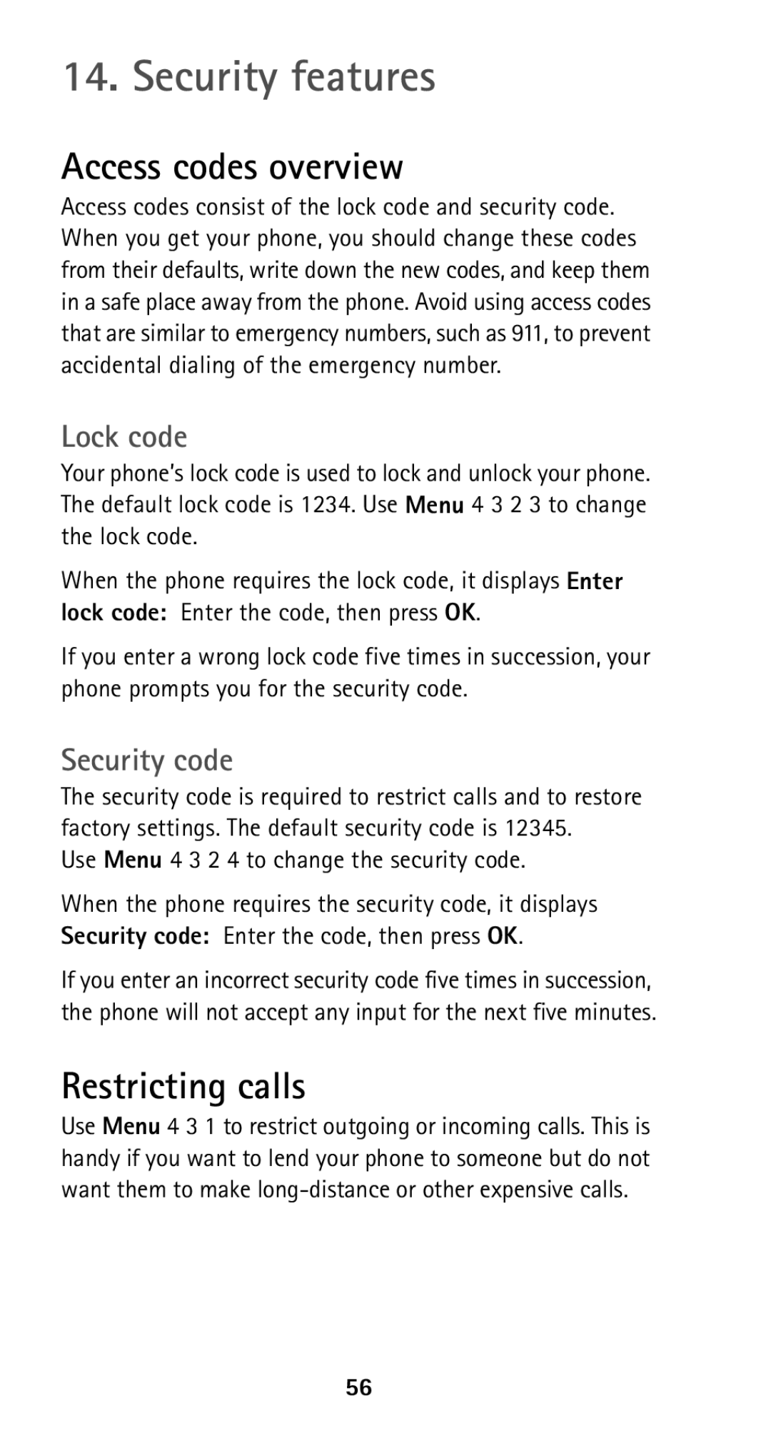 Nokia 5125 manual Security features, Access codes overview, Restricting calls, Lock code, Security code 