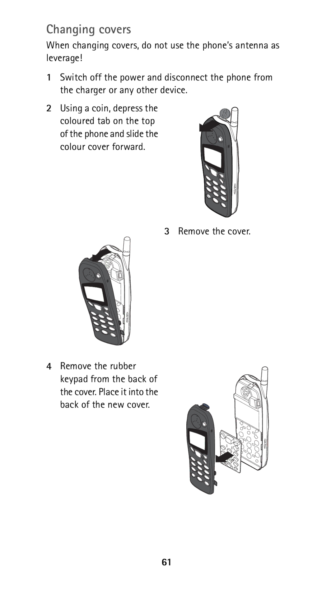 Nokia 5125 manual Changing covers, Remove the cover Remove the rubber 