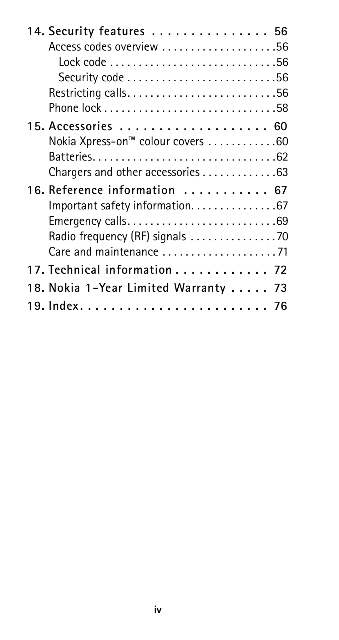 Nokia 5125 manual Technical information Nokia 1-Year Limited Warranty Index 