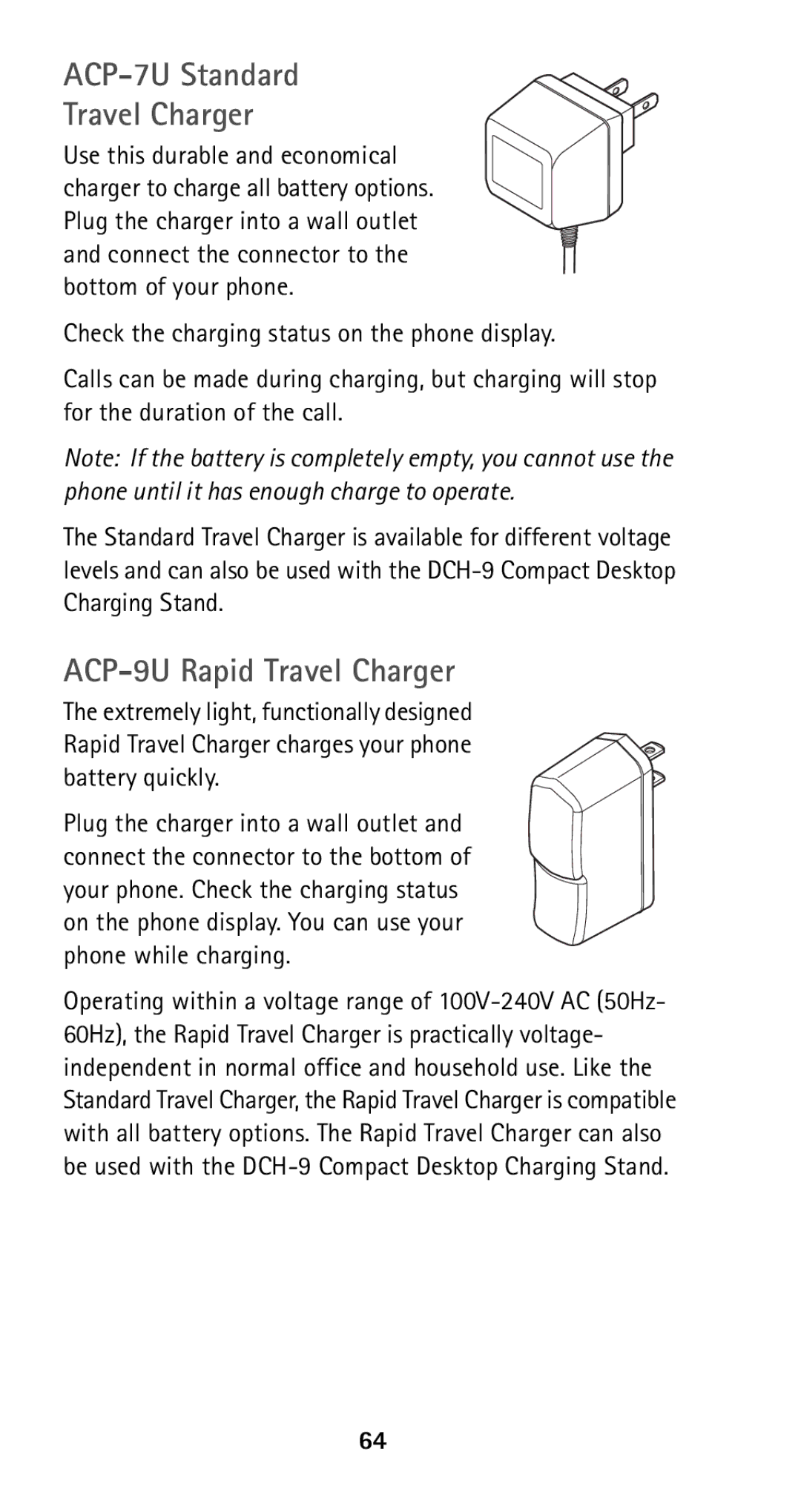 Nokia 5125 manual ACP-7U Standard Travel Charger, ACP-9U Rapid Travel Charger 