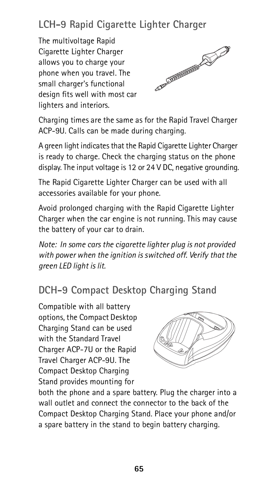 Nokia 5125 manual LCH-9 Rapid Cigarette Lighter Charger, DCH-9 Compact Desktop Charging Stand, Compatible with all battery 