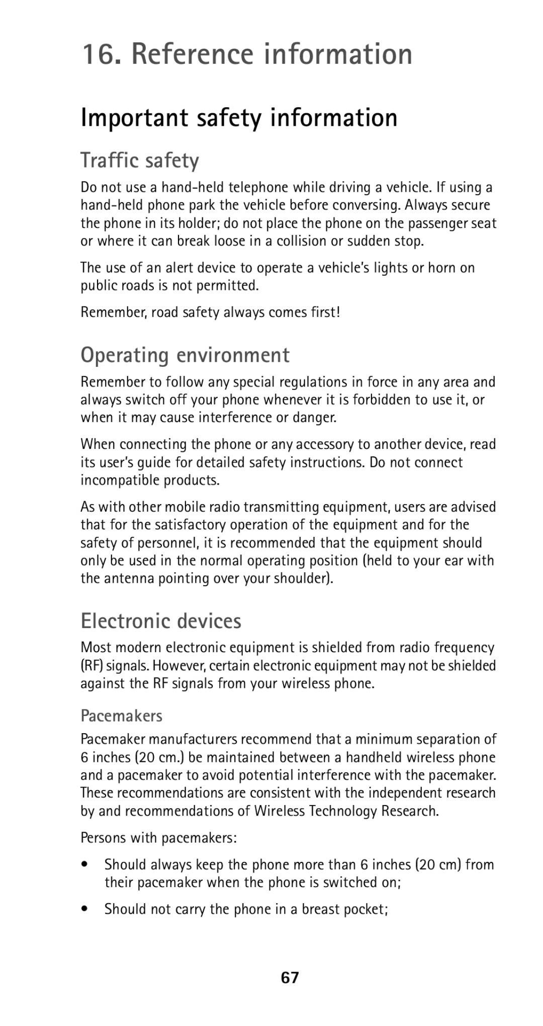 Nokia 5125 Reference information, Important safety information, Traffic safety, Operating environment, Electronic devices 